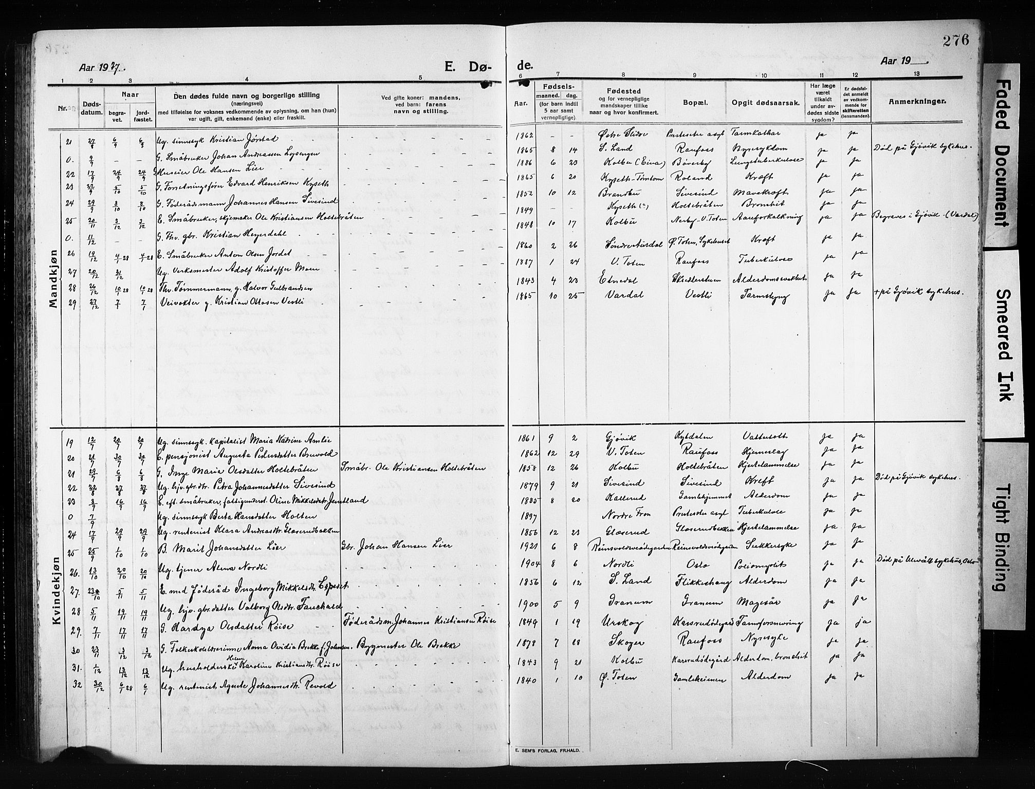 Vestre Toten prestekontor, SAH/PREST-108/H/Ha/Hab/L0012: Parish register (copy) no. 12, 1909-1928, p. 276