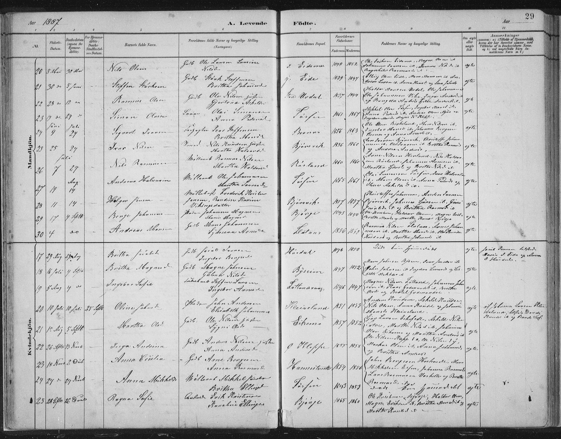 Hosanger sokneprestembete, SAB/A-75801/H/Hab: Parish register (copy) no. A 3 I, 1882-1903, p. 29