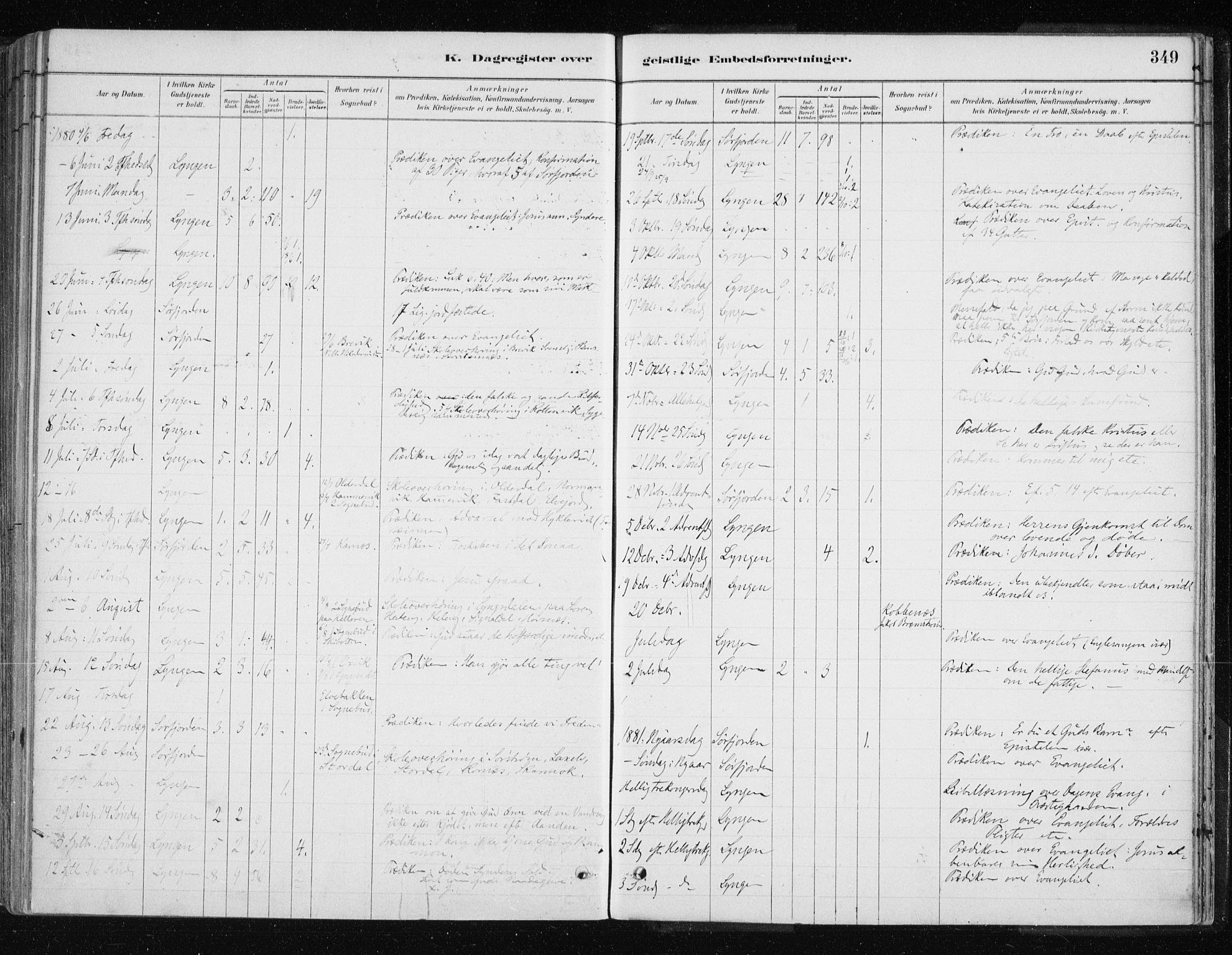 Lyngen sokneprestembete, AV/SATØ-S-1289/H/He/Hea/L0007kirke: Parish register (official) no. 7, 1879-1890, p. 349