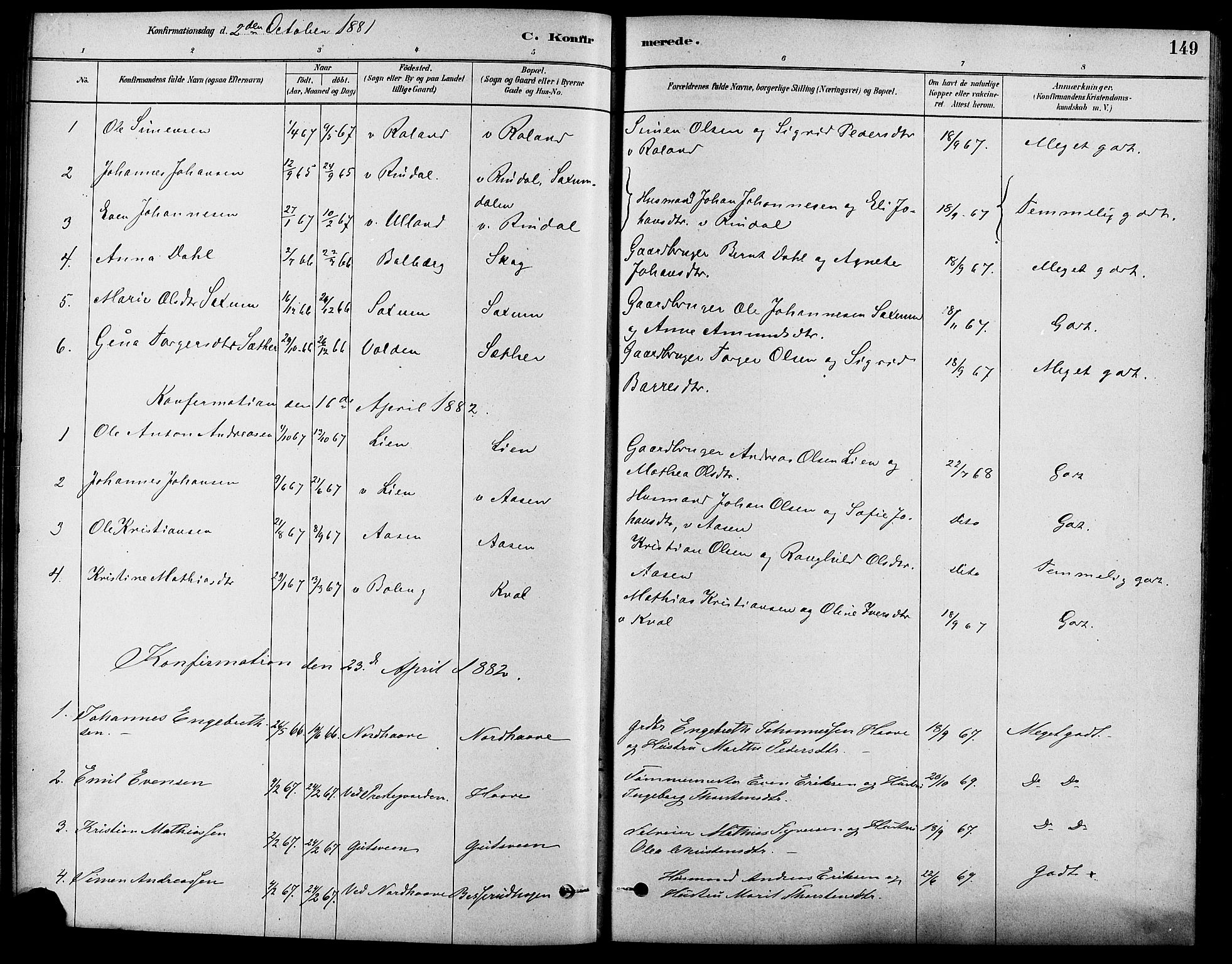 Fåberg prestekontor, AV/SAH-PREST-086/H/Ha/Haa/L0008: Parish register (official) no. 8, 1879-1898, p. 149