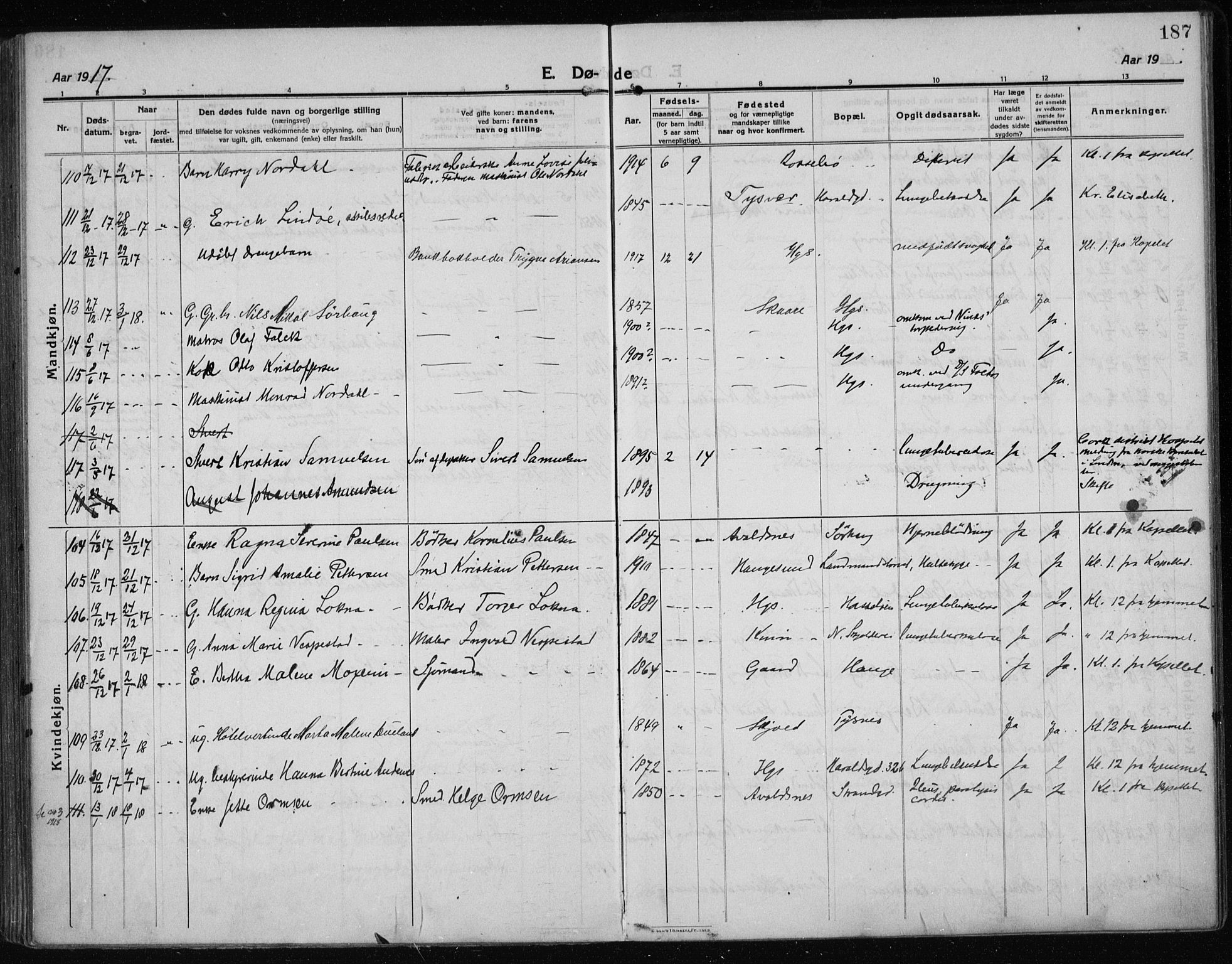 Haugesund sokneprestkontor, SAST/A -101863/H/Ha/Haa/L0009: Parish register (official) no. A 9, 1914-1929, p. 187