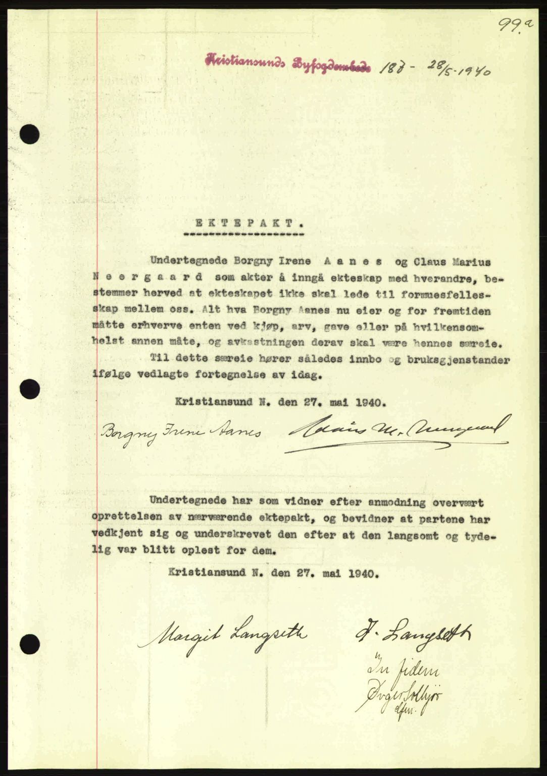 Kristiansund byfogd, AV/SAT-A-4587/A/27: Mortgage book no. 33, 1939-1941, Diary no: : 187/1940