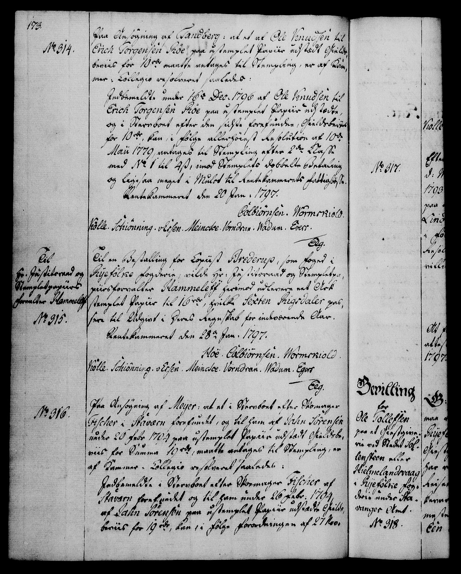 Rentekammeret, Kammerkanselliet, RA/EA-3111/G/Gg/Gga/L0016: Norsk ekspedisjonsprotokoll med register (merket RK 53.16), 1794-1800, p. 173