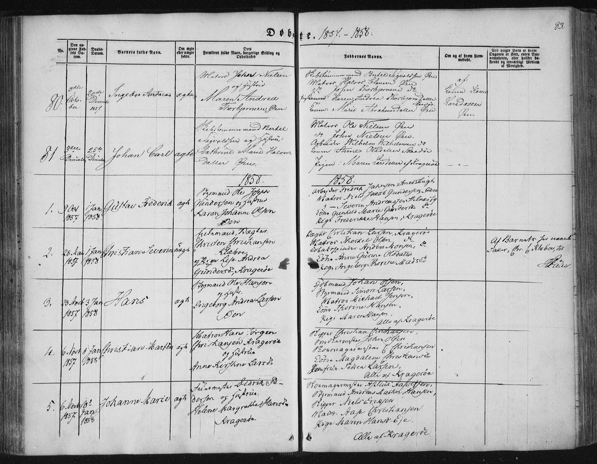 Kragerø kirkebøker, SAKO/A-278/F/Fa/L0006: Parish register (official) no. 6, 1847-1861, p. 83