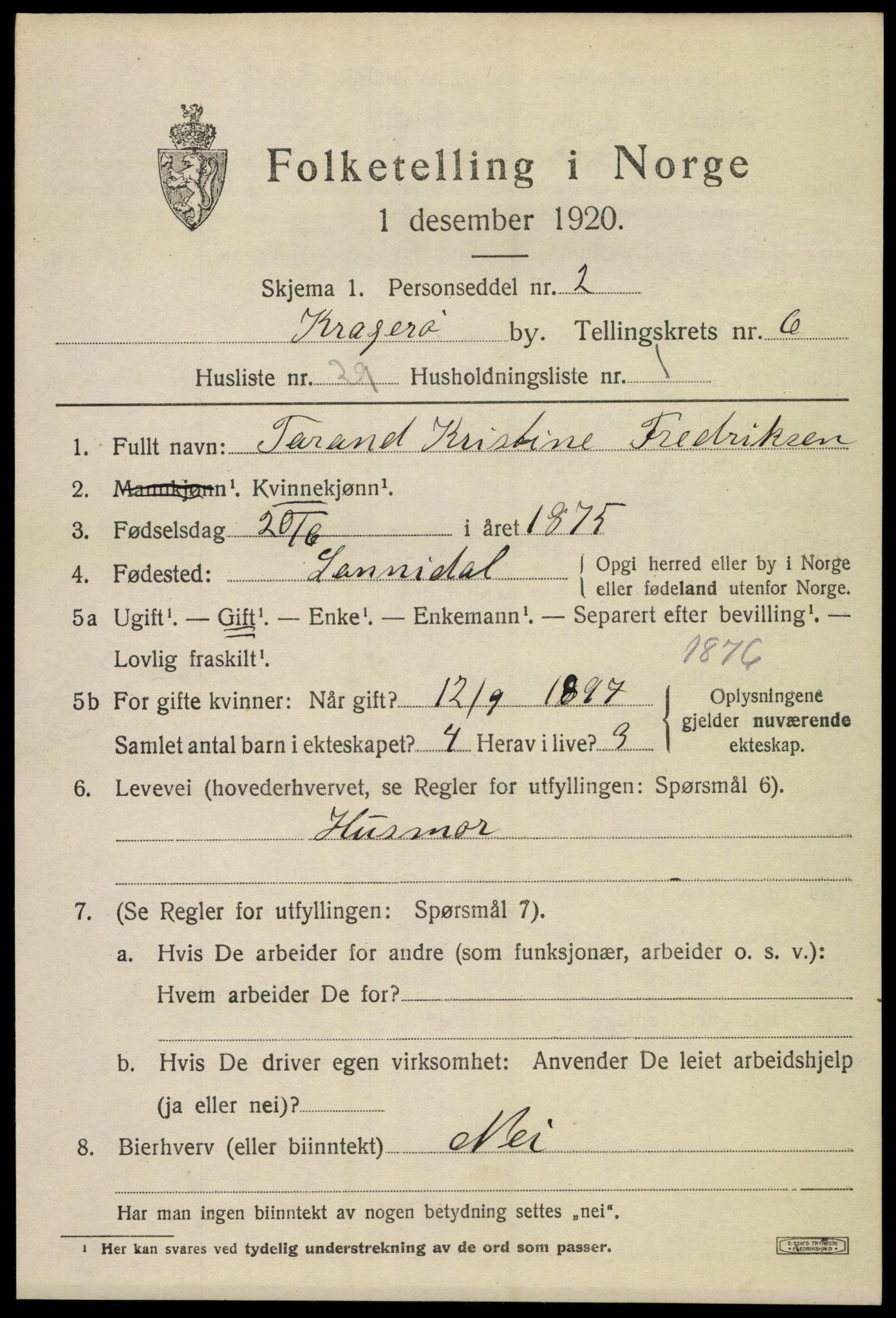 SAKO, 1920 census for Kragerø, 1920, p. 9407