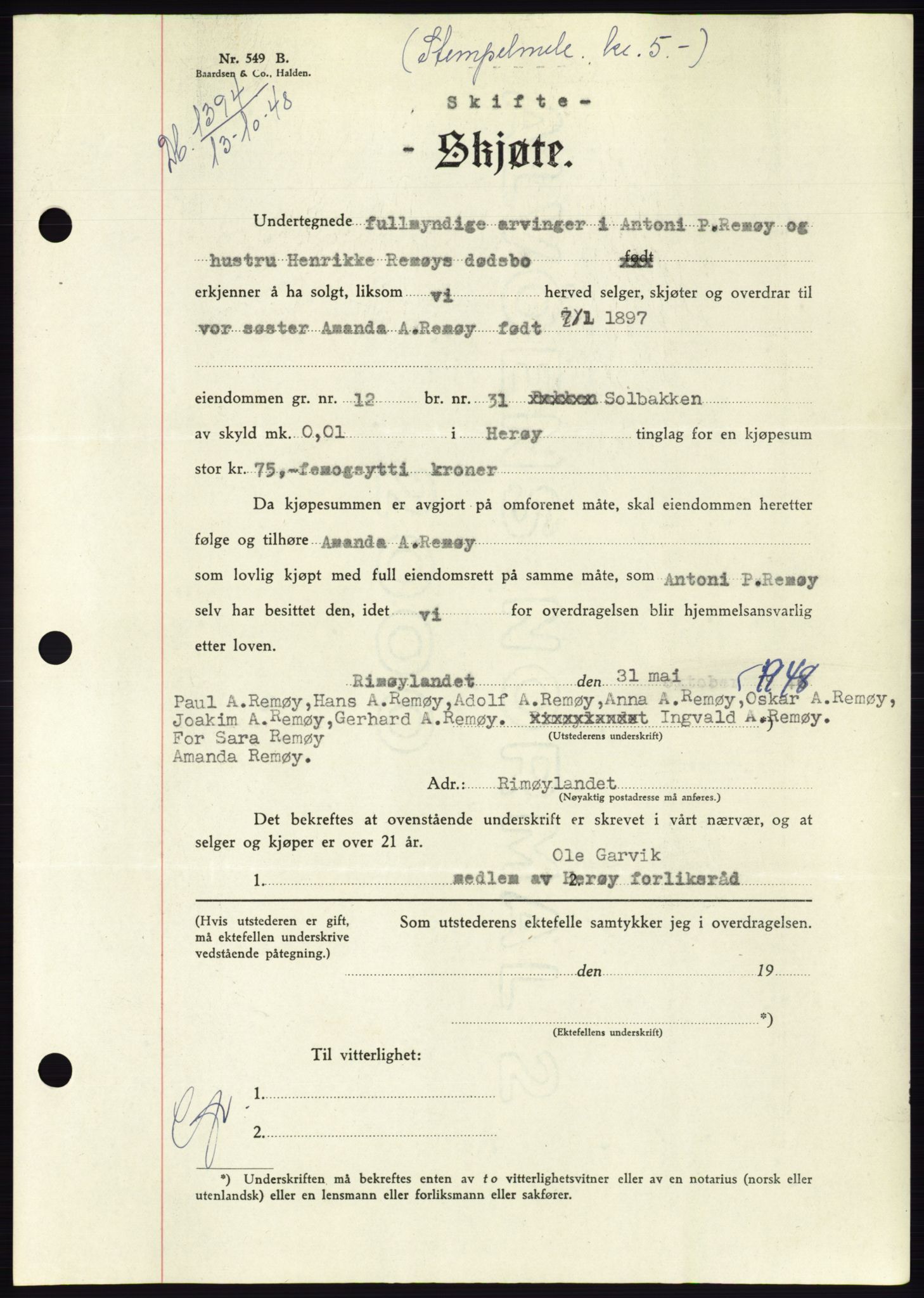 Søre Sunnmøre sorenskriveri, AV/SAT-A-4122/1/2/2C/L0083: Mortgage book no. 9A, 1948-1949, Diary no: : 1394/1948