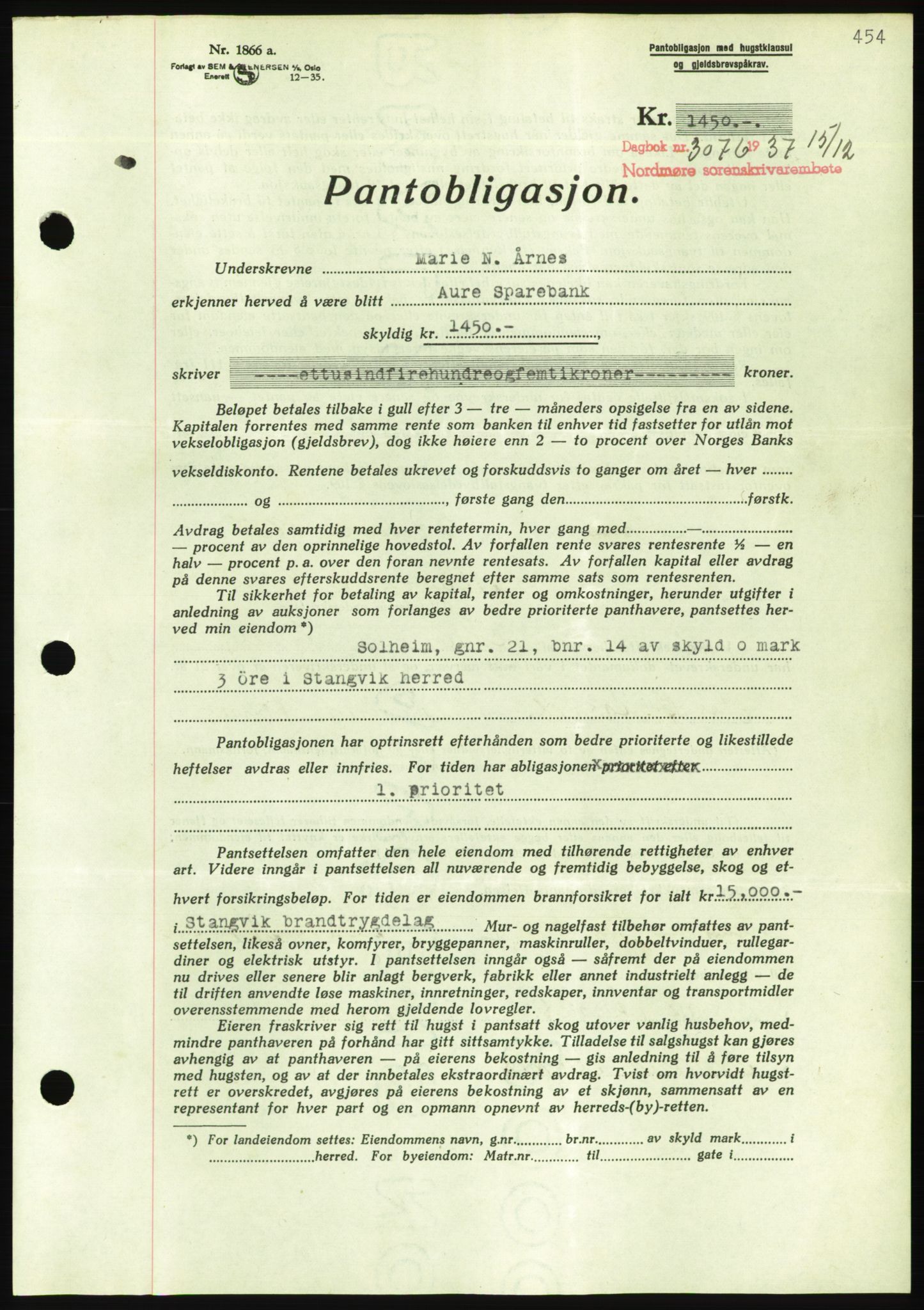 Nordmøre sorenskriveri, AV/SAT-A-4132/1/2/2Ca/L0092: Mortgage book no. B82, 1937-1938, Diary no: : 3076/1937