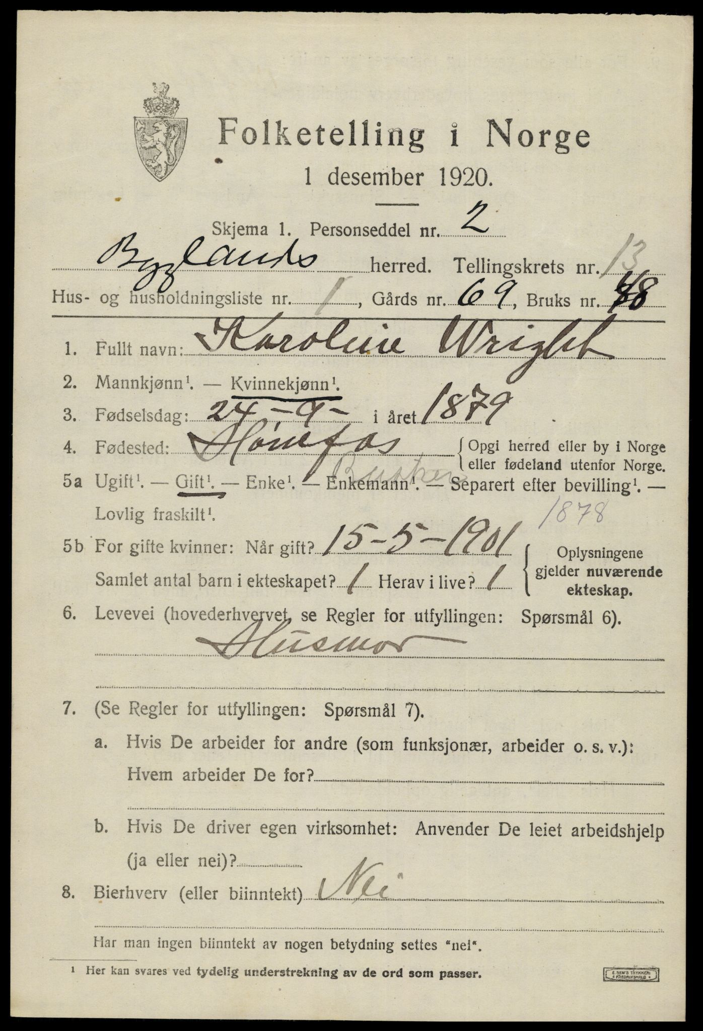 SAK, 1920 census for Bygland, 1920, p. 5259