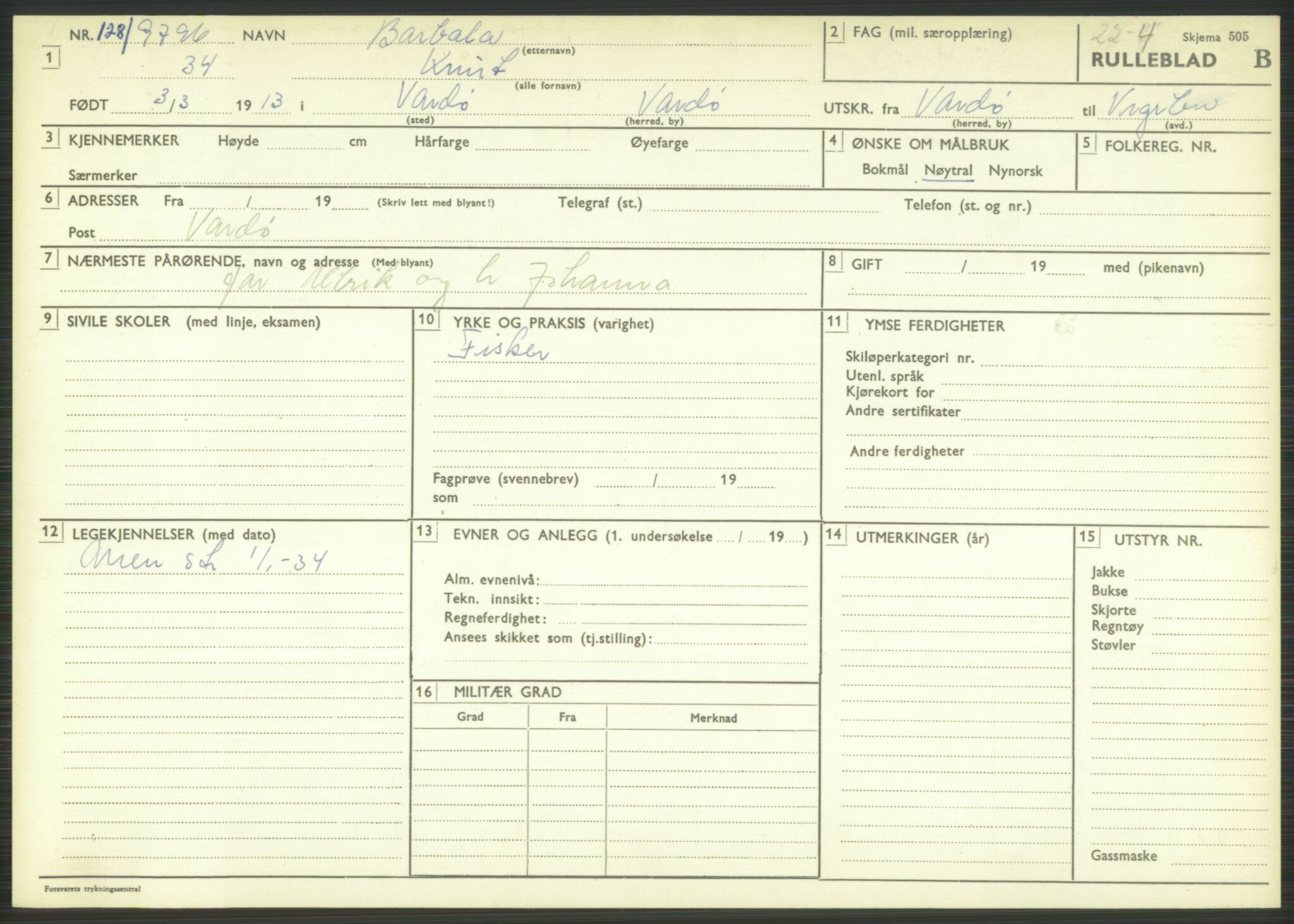 Forsvaret, Varanger bataljon, AV/RA-RAFA-2258/1/D/L0444: Rulleblad for menige født 1913-1914, 1913-1914, p. 22