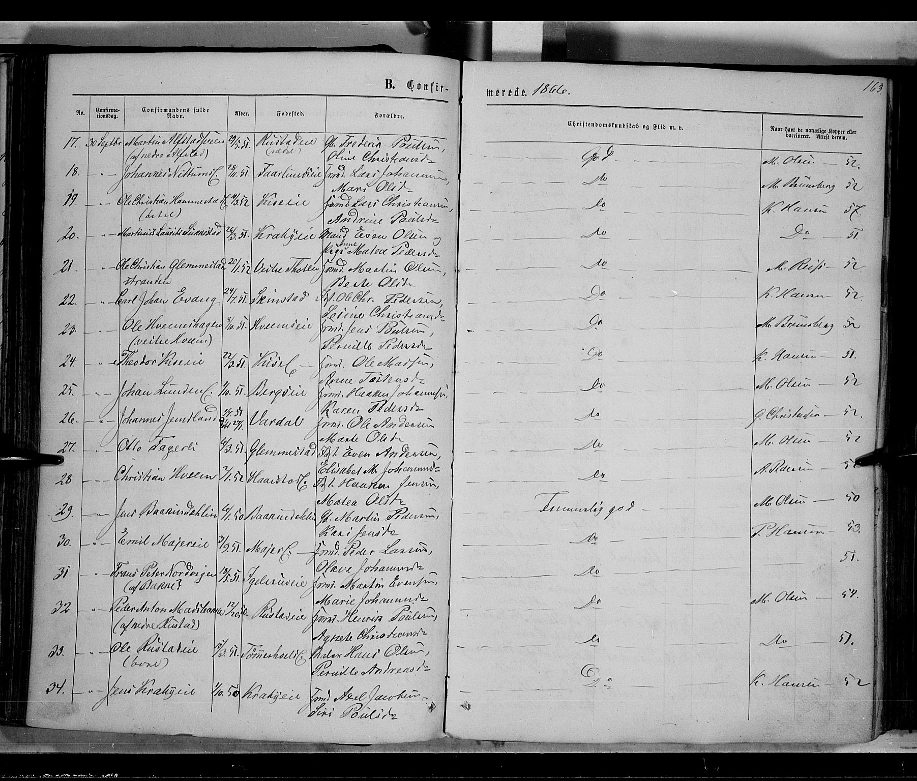 Østre Toten prestekontor, SAH/PREST-104/H/Ha/Haa/L0005: Parish register (official) no. 5, 1866-1877, p. 163