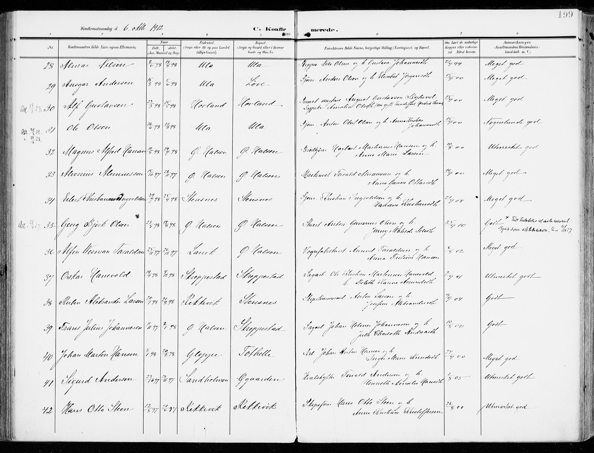 Tjølling kirkebøker, AV/SAKO-A-60/F/Fa/L0010: Parish register (official) no. 10, 1906-1923, p. 199
