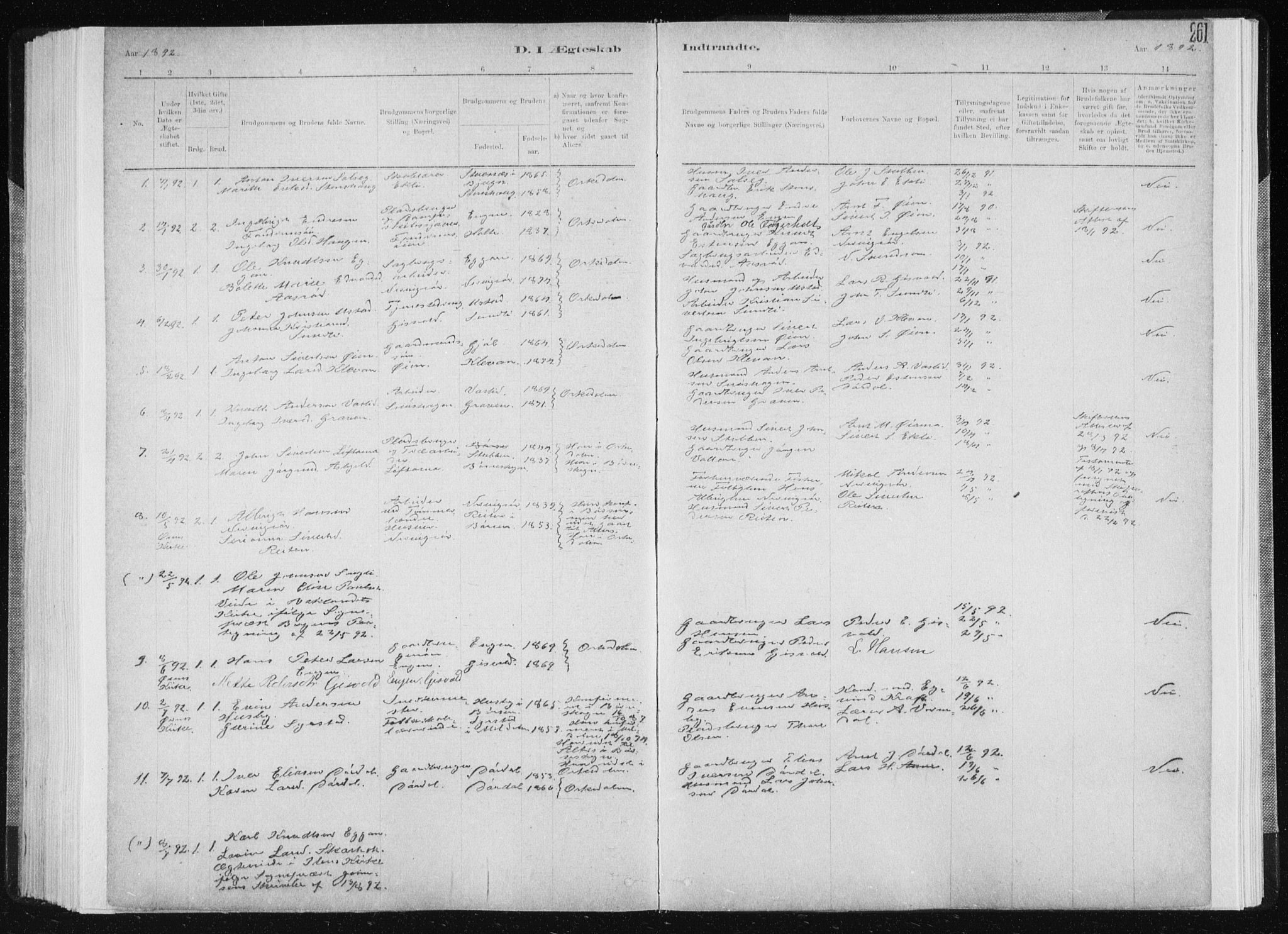 Ministerialprotokoller, klokkerbøker og fødselsregistre - Sør-Trøndelag, SAT/A-1456/668/L0818: Parish register (copy) no. 668C07, 1885-1898, p. 261