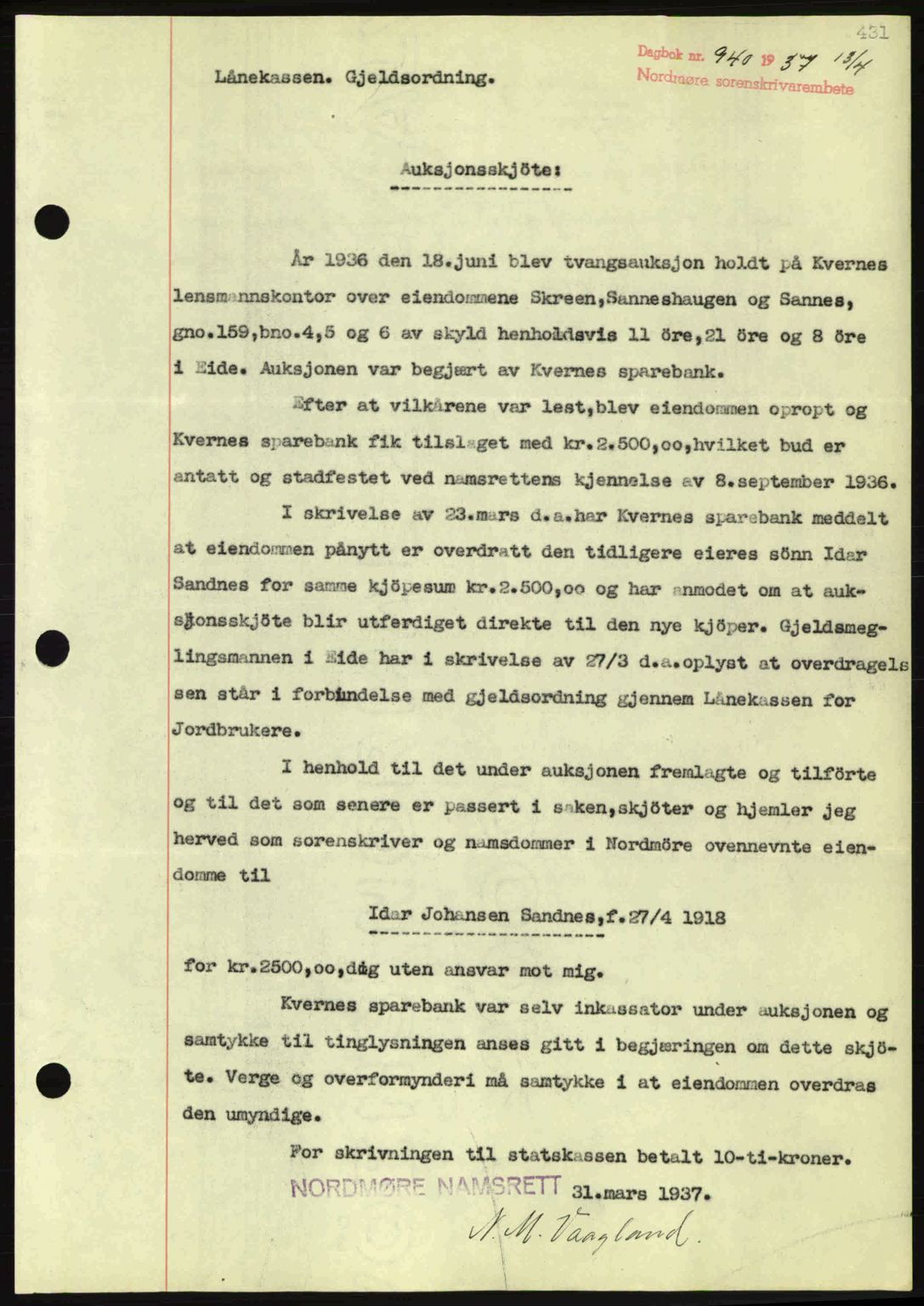 Nordmøre sorenskriveri, AV/SAT-A-4132/1/2/2Ca: Mortgage book no. A81, 1937-1937, Diary no: : 940/1937