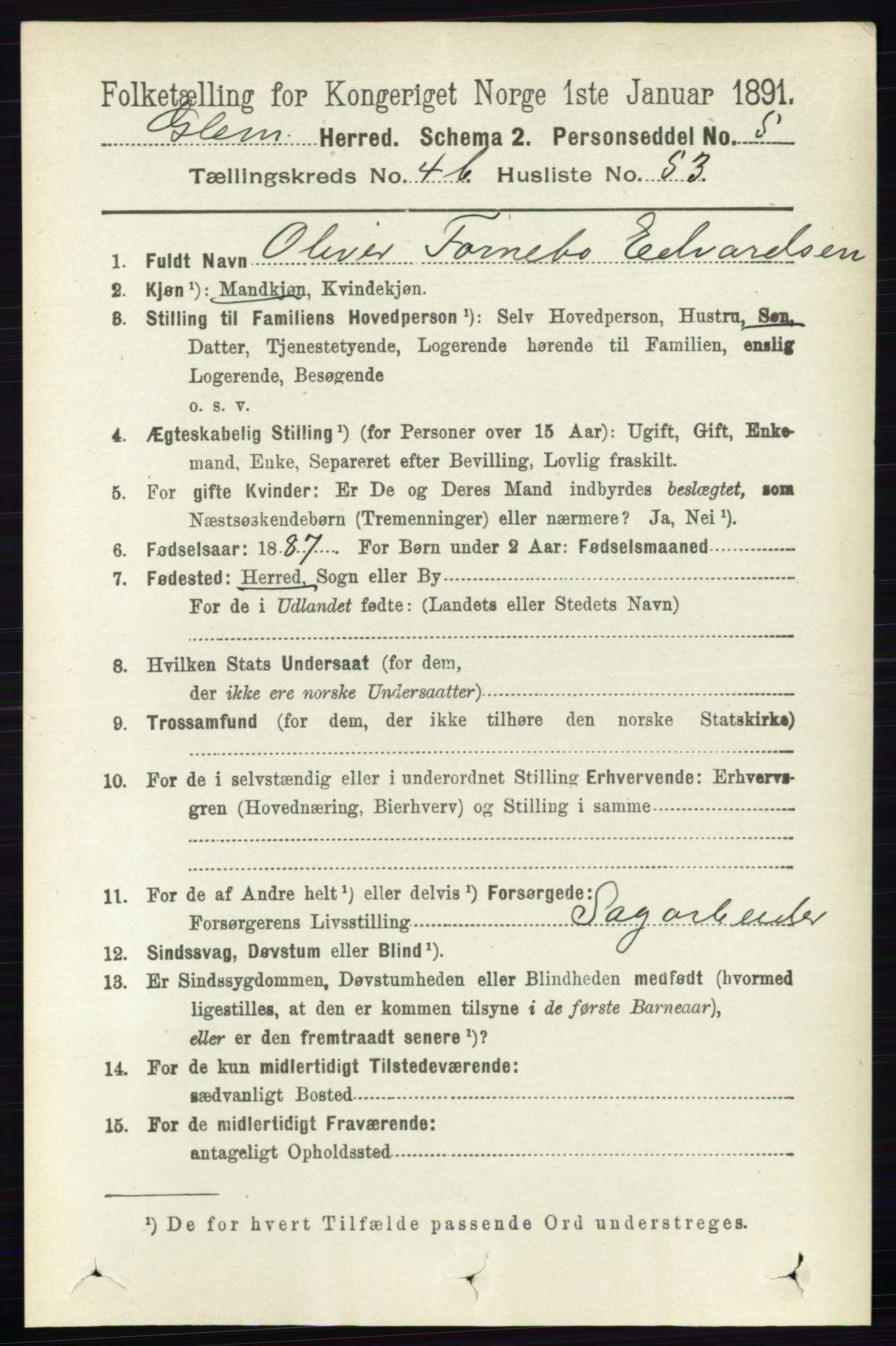 RA, 1891 census for 0132 Glemmen, 1891, p. 5437