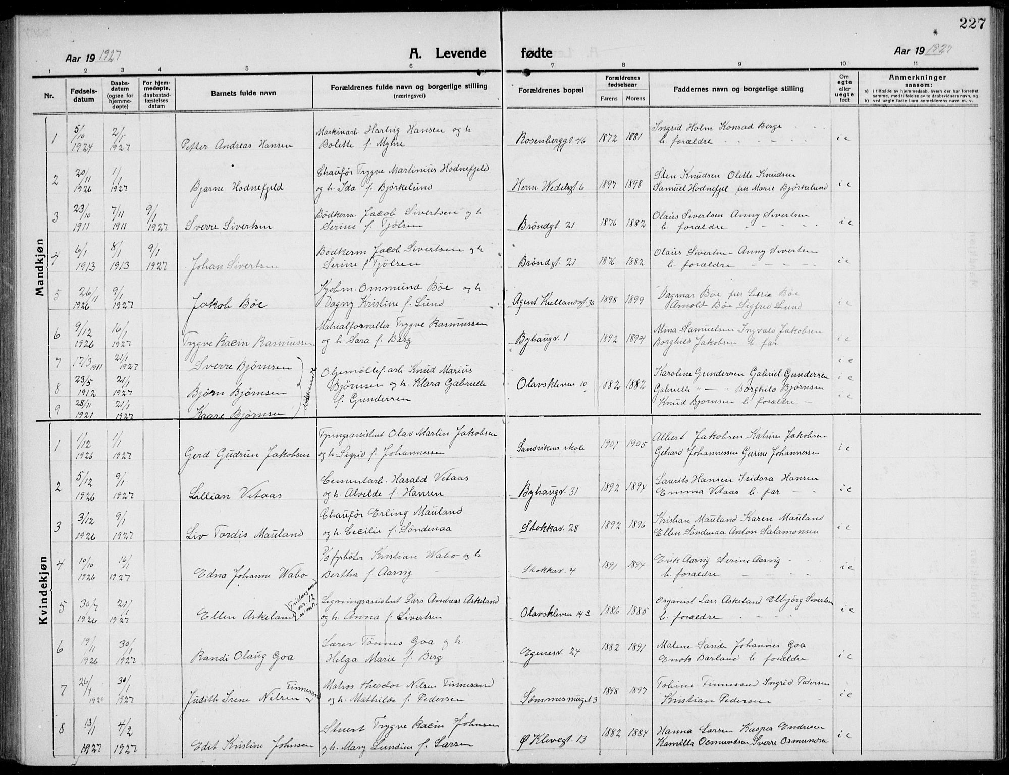 Domkirken sokneprestkontor, SAST/A-101812/001/30/30BB/L0019: Parish register (copy) no. B 19, 1915-1932, p. 227