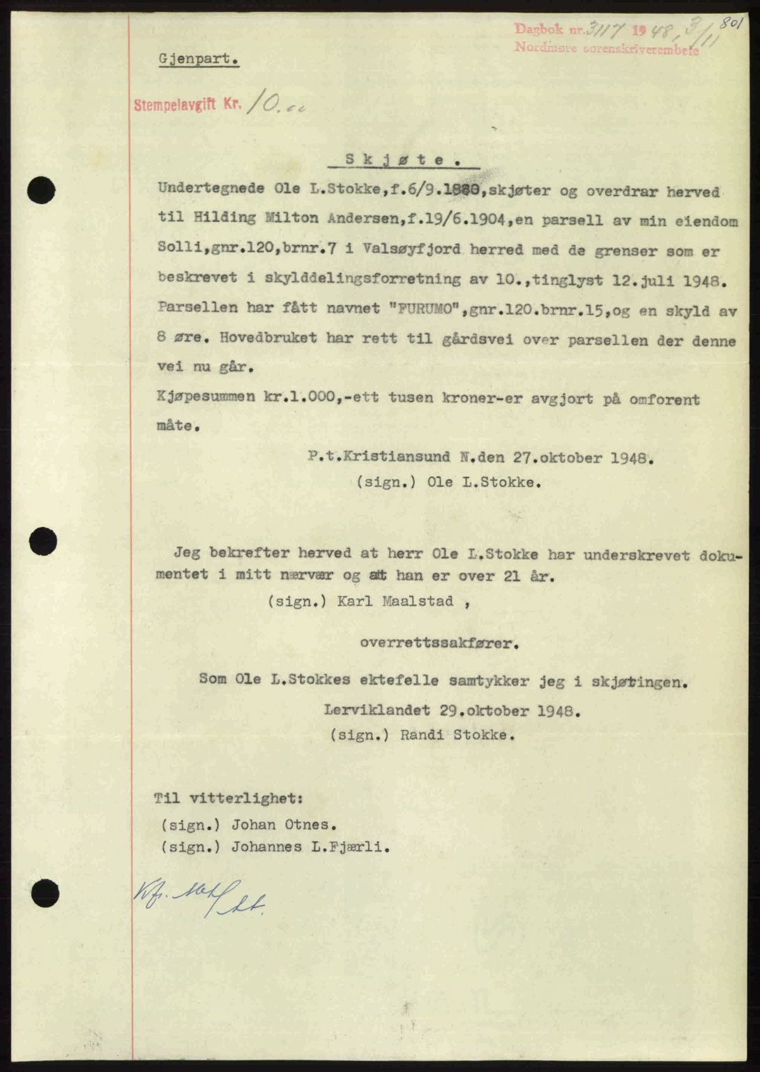 Nordmøre sorenskriveri, AV/SAT-A-4132/1/2/2Ca: Mortgage book no. A109, 1948-1948, Diary no: : 3117/1948