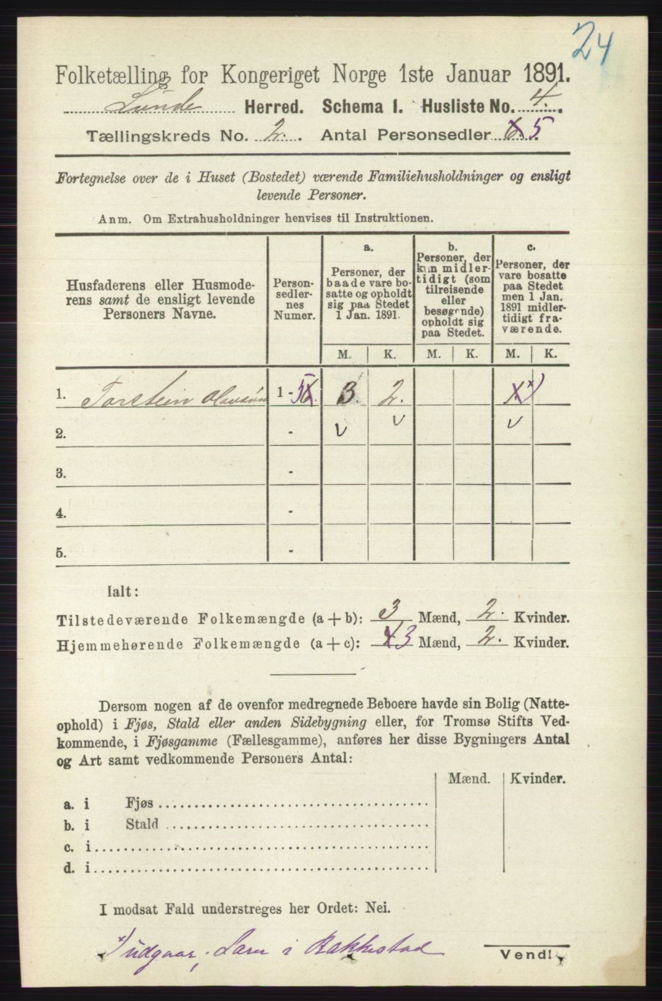 RA, 1891 census for 0820 Lunde, 1891, p. 295