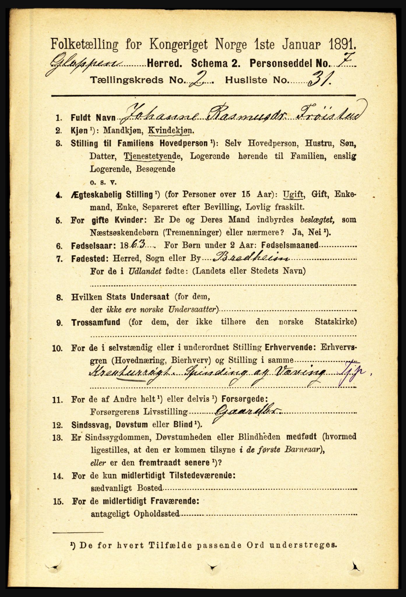 RA, 1891 census for 1445 Gloppen, 1891, p. 825