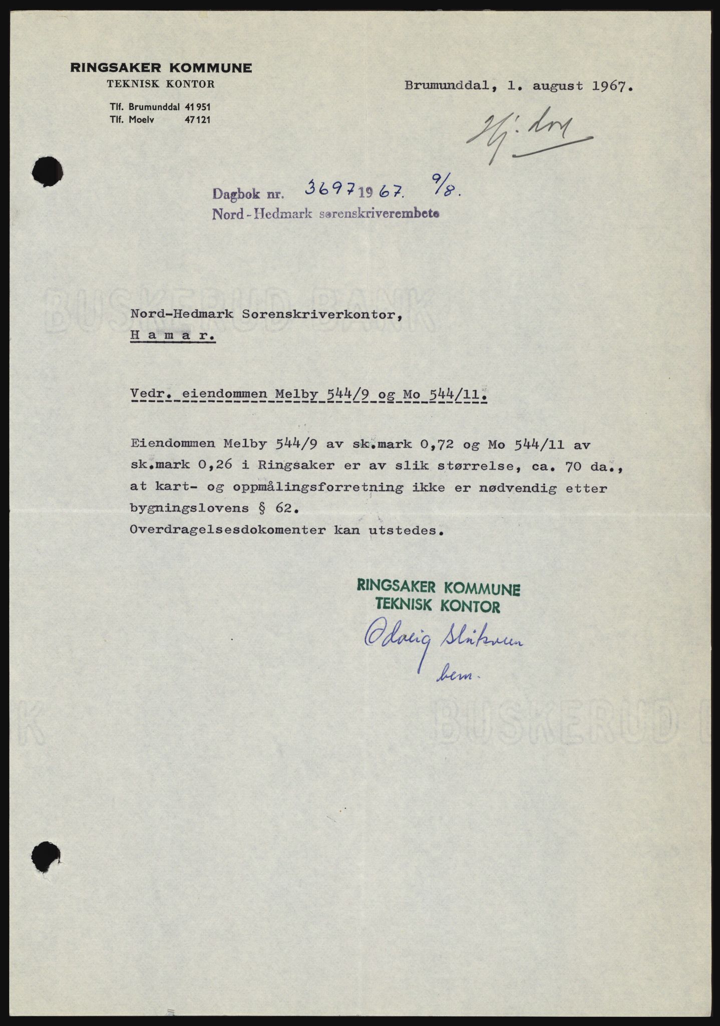 Nord-Hedmark sorenskriveri, AV/SAH-TING-012/H/Hc/L0026: Mortgage book no. 26, 1967-1967, Diary no: : 3697/1967