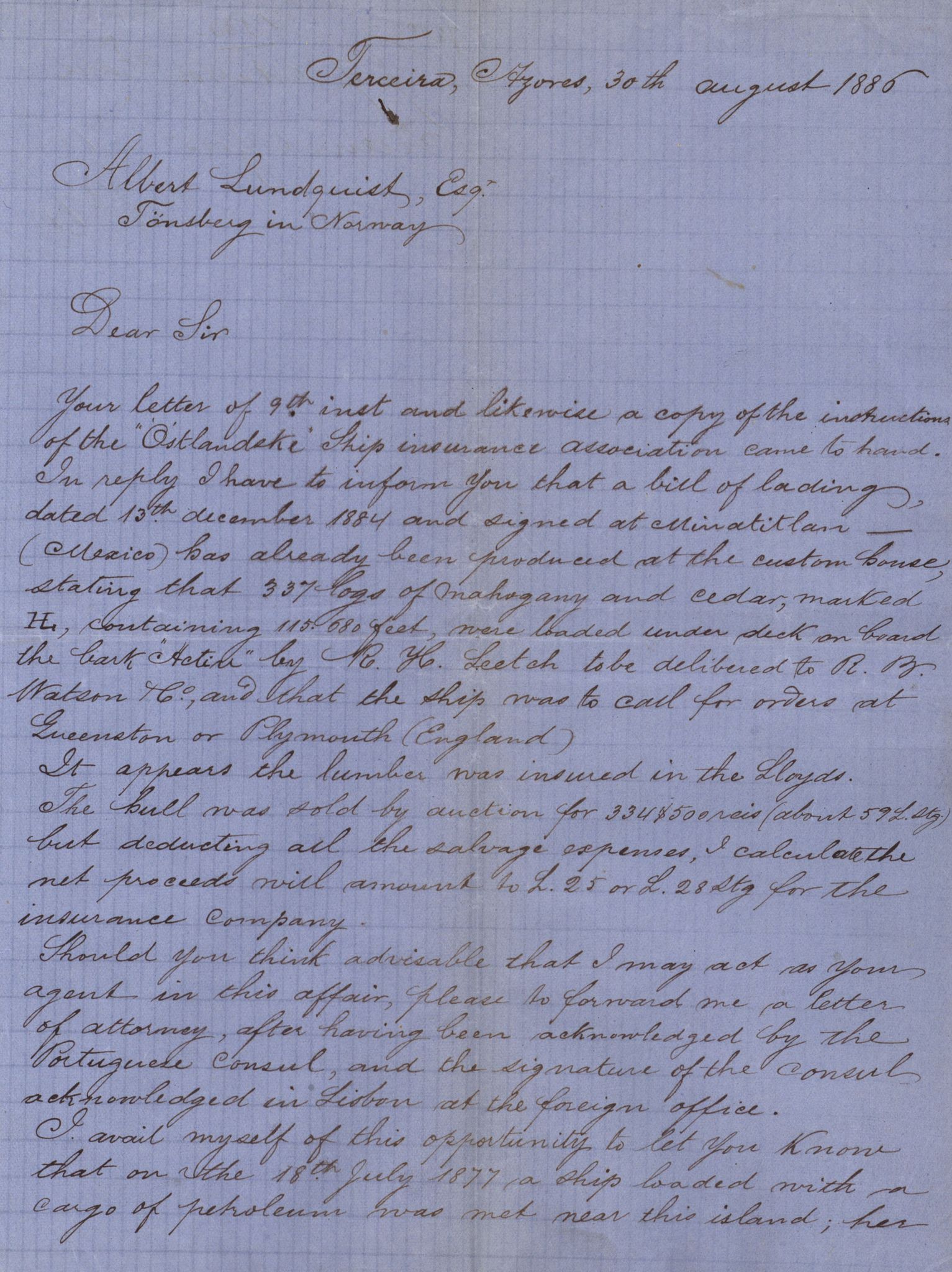 Pa 63 - Østlandske skibsassuranceforening, VEMU/A-1079/G/Ga/L0018/0009: Havaridokumenter / Tellus, Activ, Ellida, Laurel, Møringen, Mjølner, 1885, p. 6