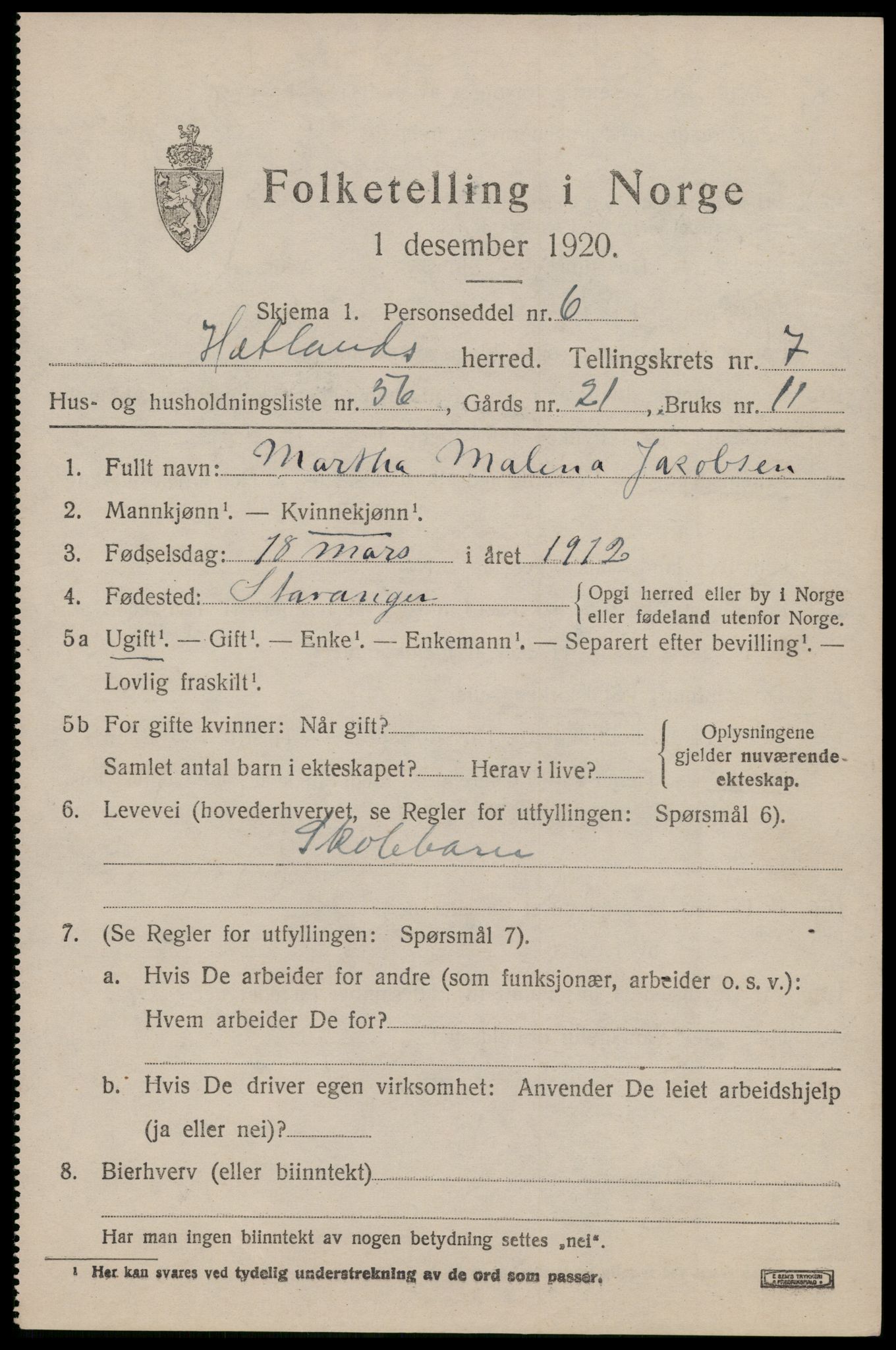 SAST, 1920 census for Hetland, 1920, p. 14665