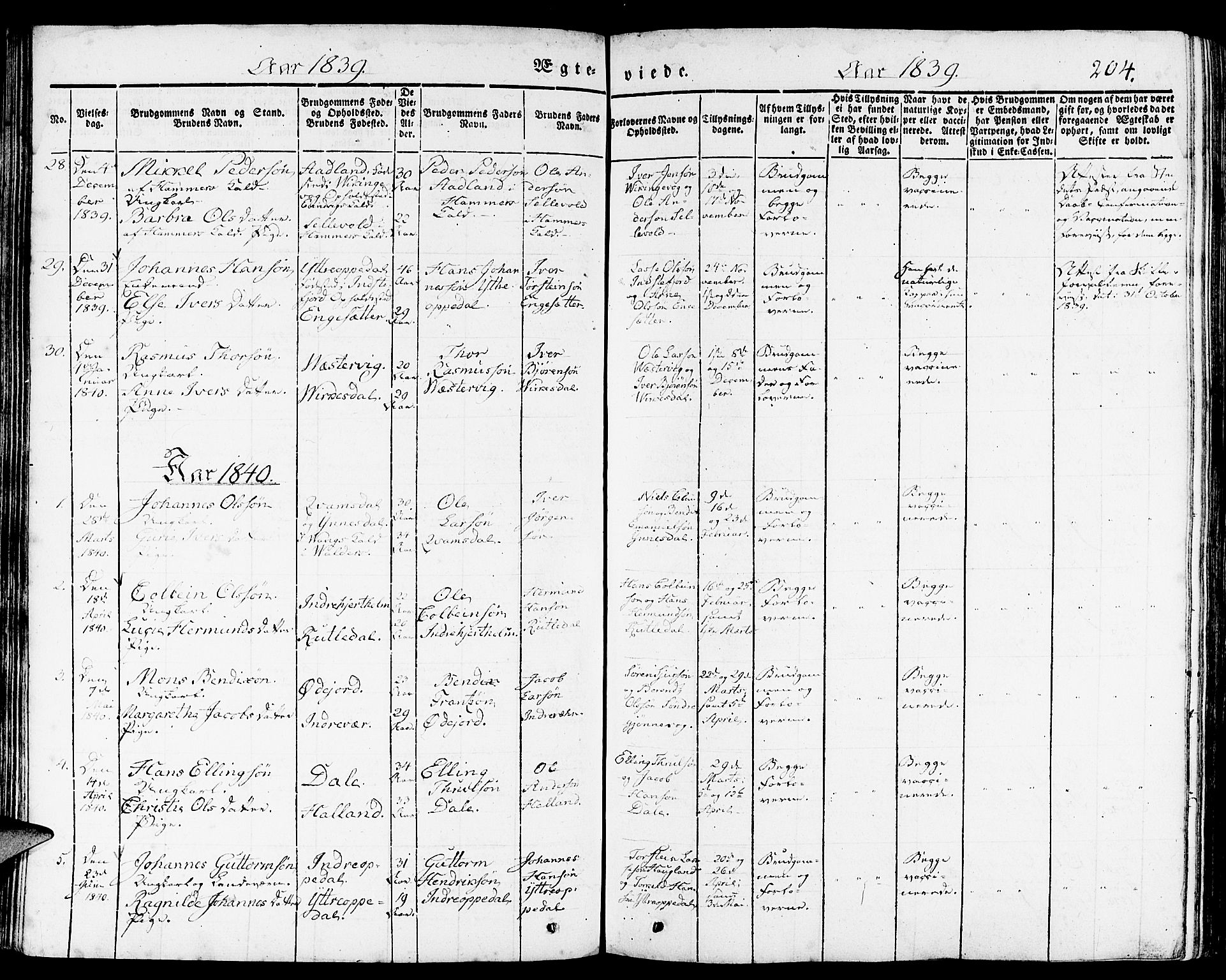 Gulen sokneprestembete, AV/SAB-A-80201/H/Haa/Haaa/L0020: Parish register (official) no. A 20, 1837-1847, p. 204