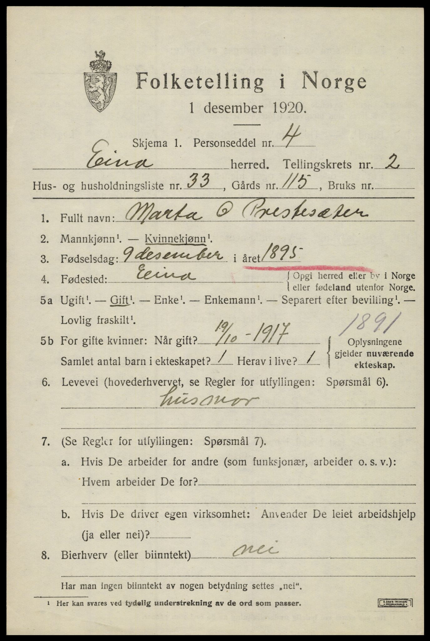 SAH, 1920 census for Eina, 1920, p. 2172