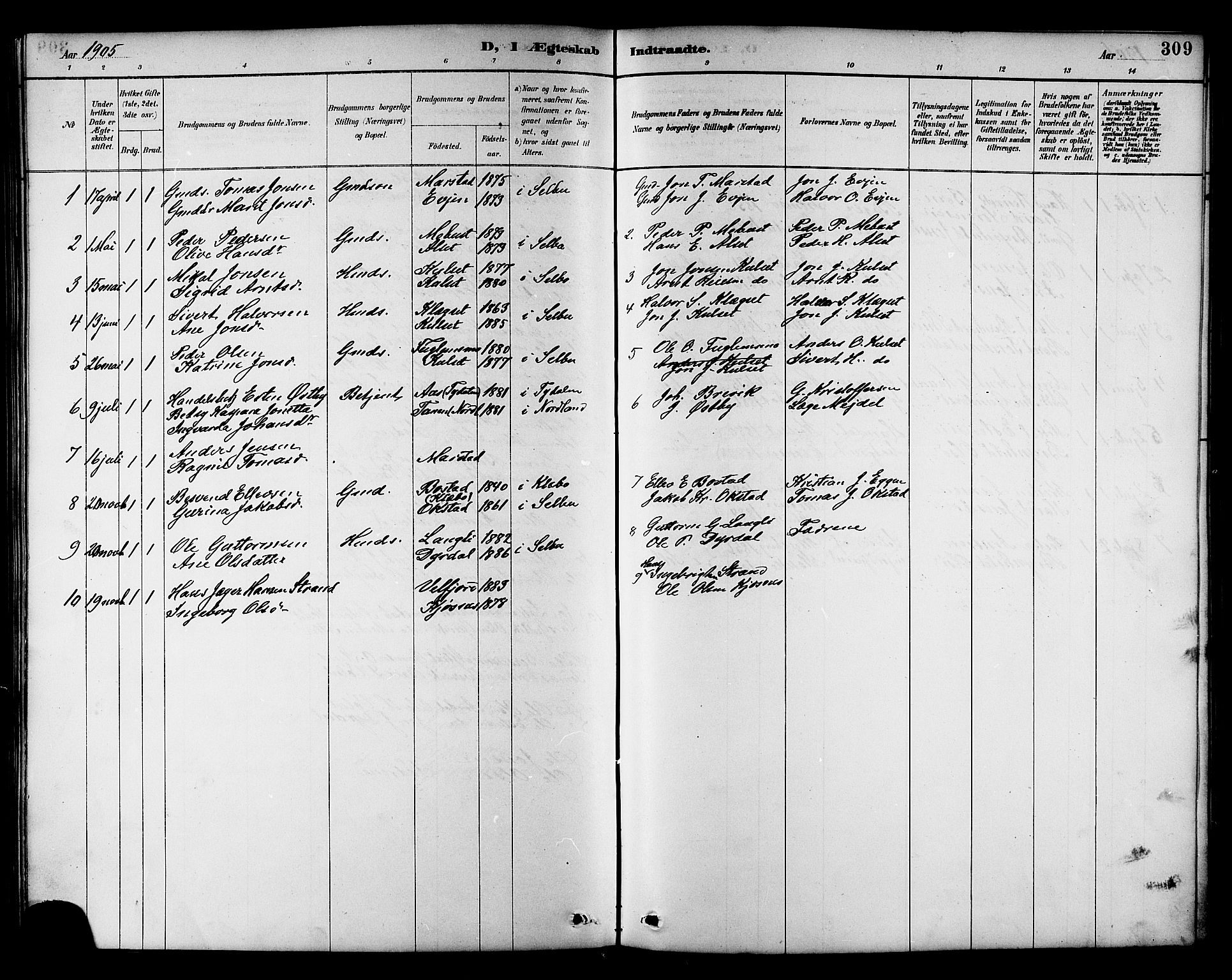 Ministerialprotokoller, klokkerbøker og fødselsregistre - Sør-Trøndelag, SAT/A-1456/695/L1157: Parish register (copy) no. 695C08, 1889-1913, p. 309