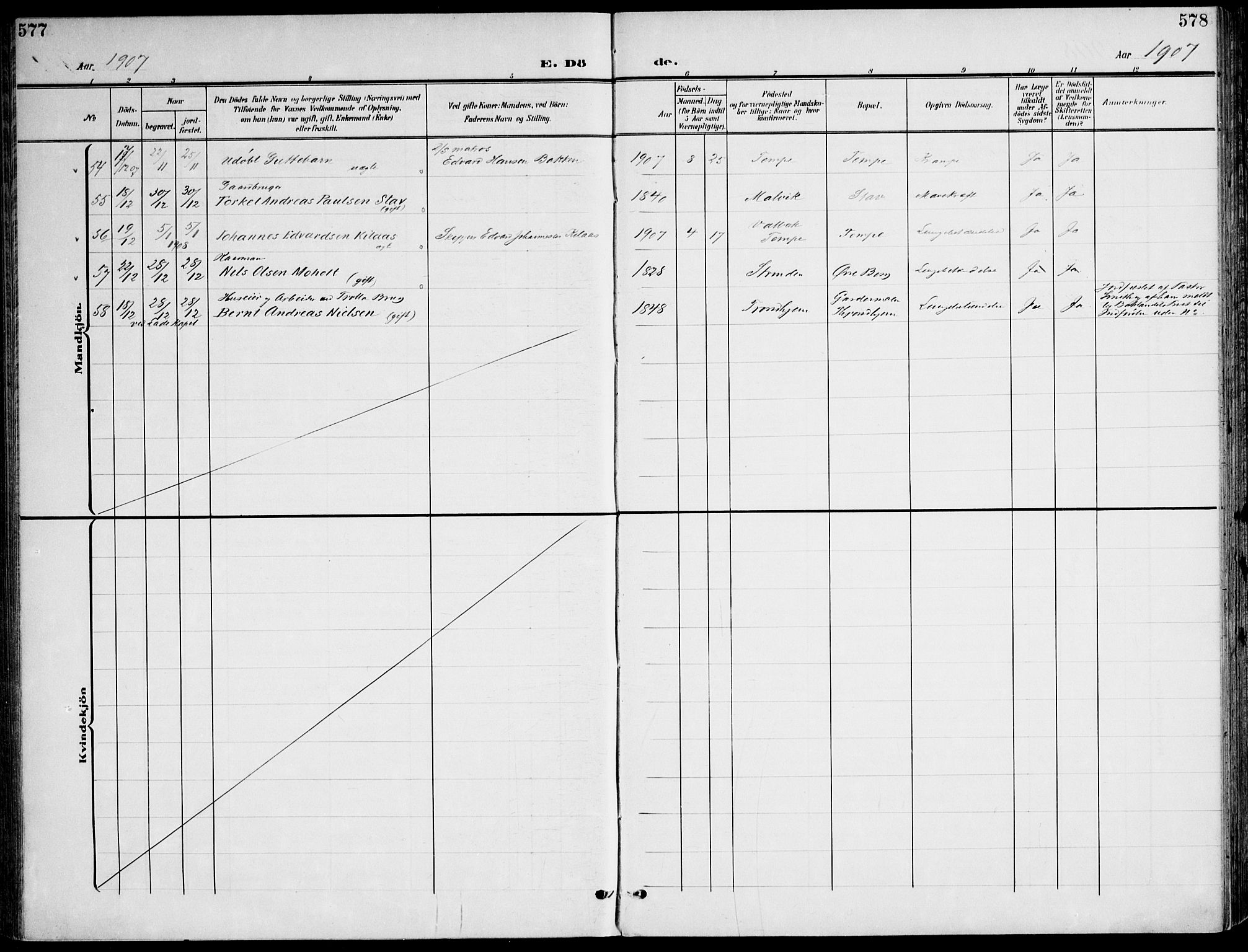 Ministerialprotokoller, klokkerbøker og fødselsregistre - Sør-Trøndelag, AV/SAT-A-1456/607/L0320: Parish register (official) no. 607A04, 1907-1915, p. 577-578