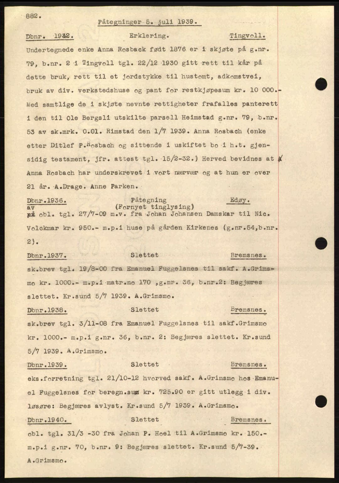 Nordmøre sorenskriveri, AV/SAT-A-4132/1/2/2Ca: Mortgage book no. C80, 1936-1939, Diary no: : 1932/1939