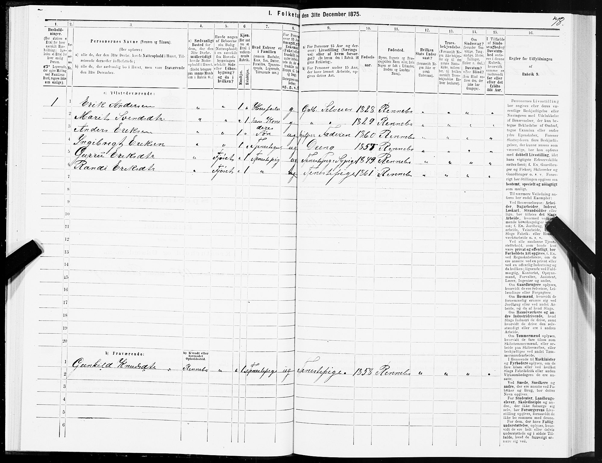 SAT, 1875 census for 1635P Rennebu, 1875, p. 2078