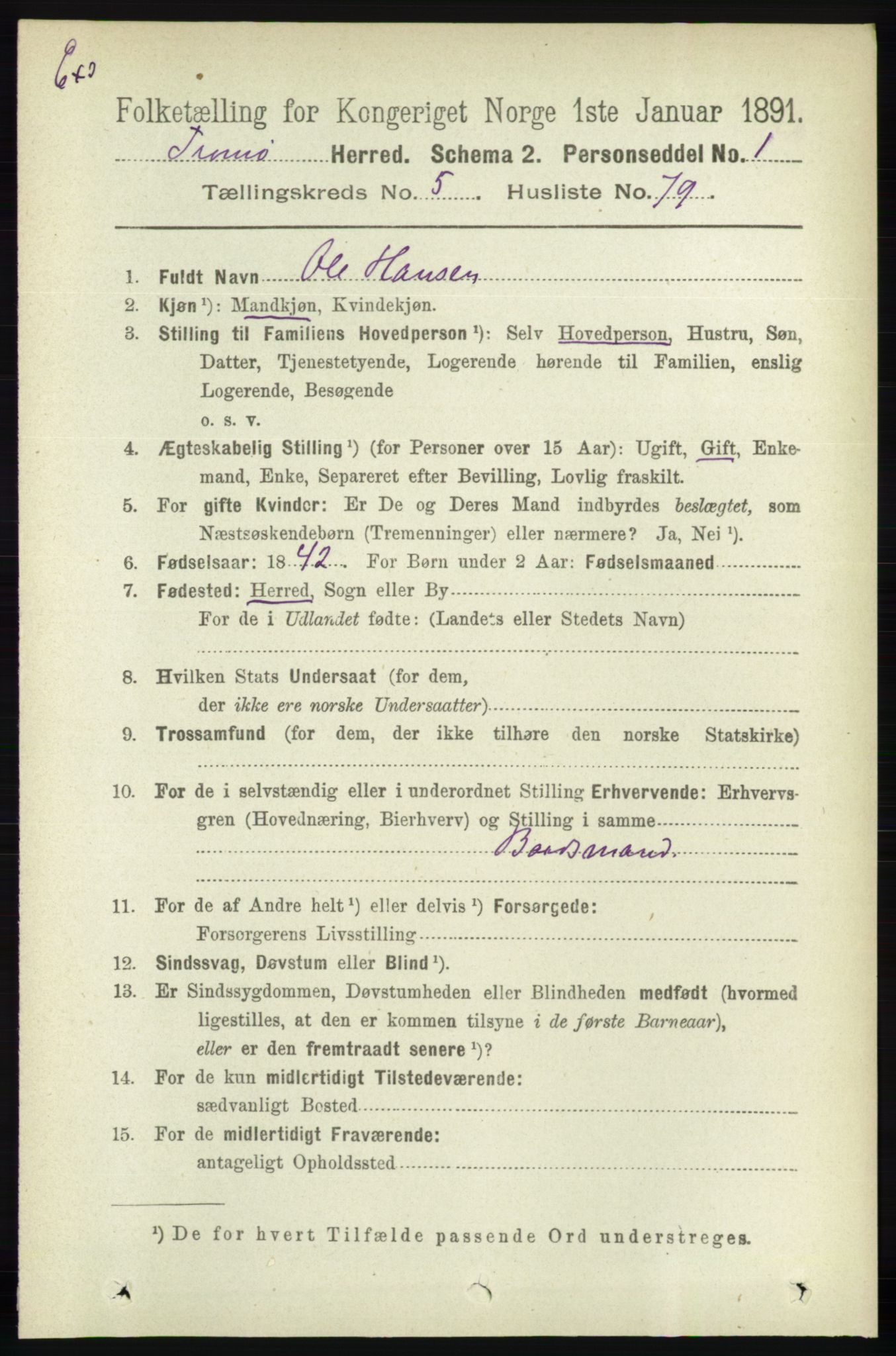 RA, Census 1891 for Nedenes amt: Gjenparter av personsedler for beslektede ektefeller, menn, 1891, p. 579