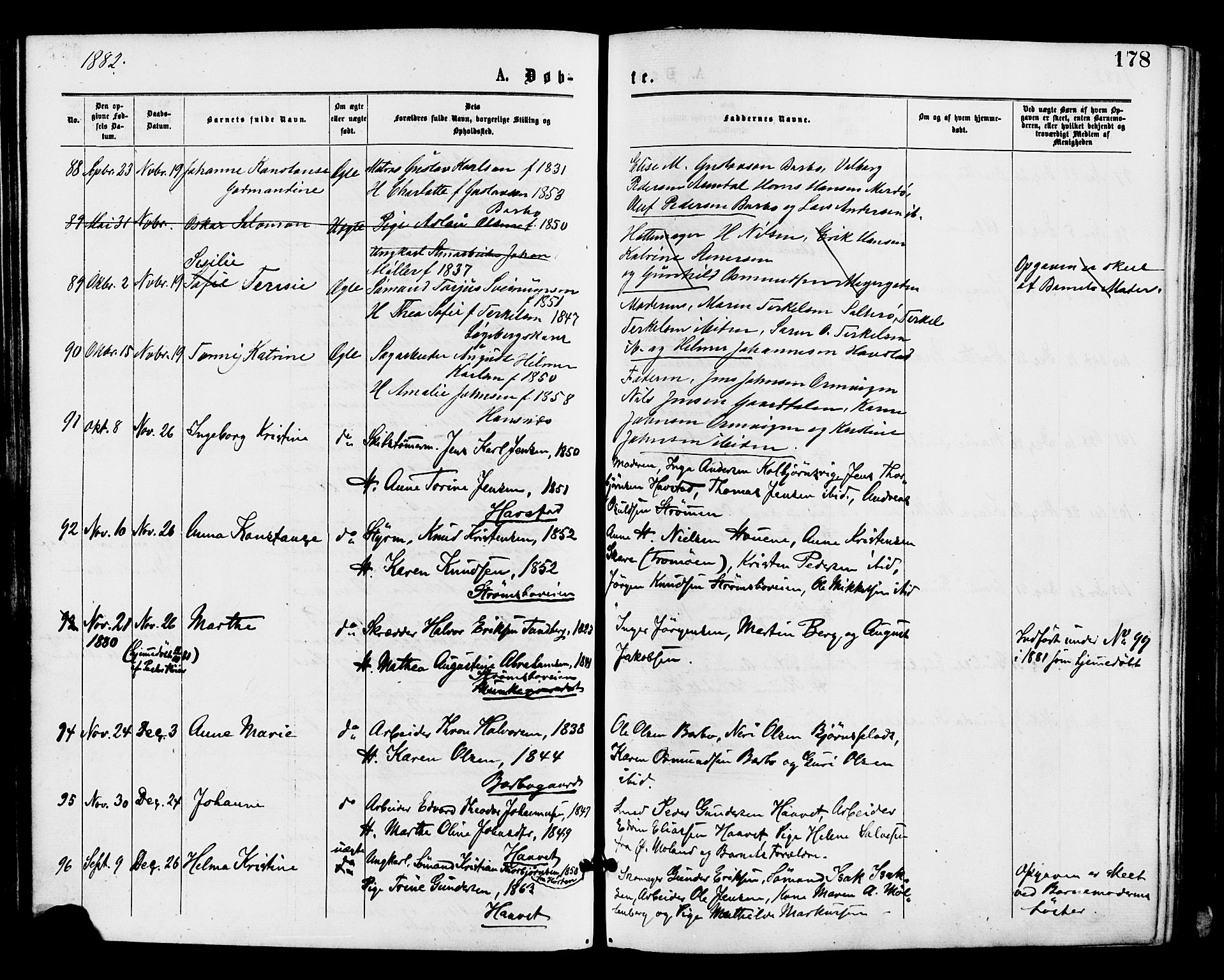 Barbu sokneprestkontor, AV/SAK-1111-0003/F/Fa/L0001: Parish register (official) no. A 1 /1, 1878-1883, p. 178