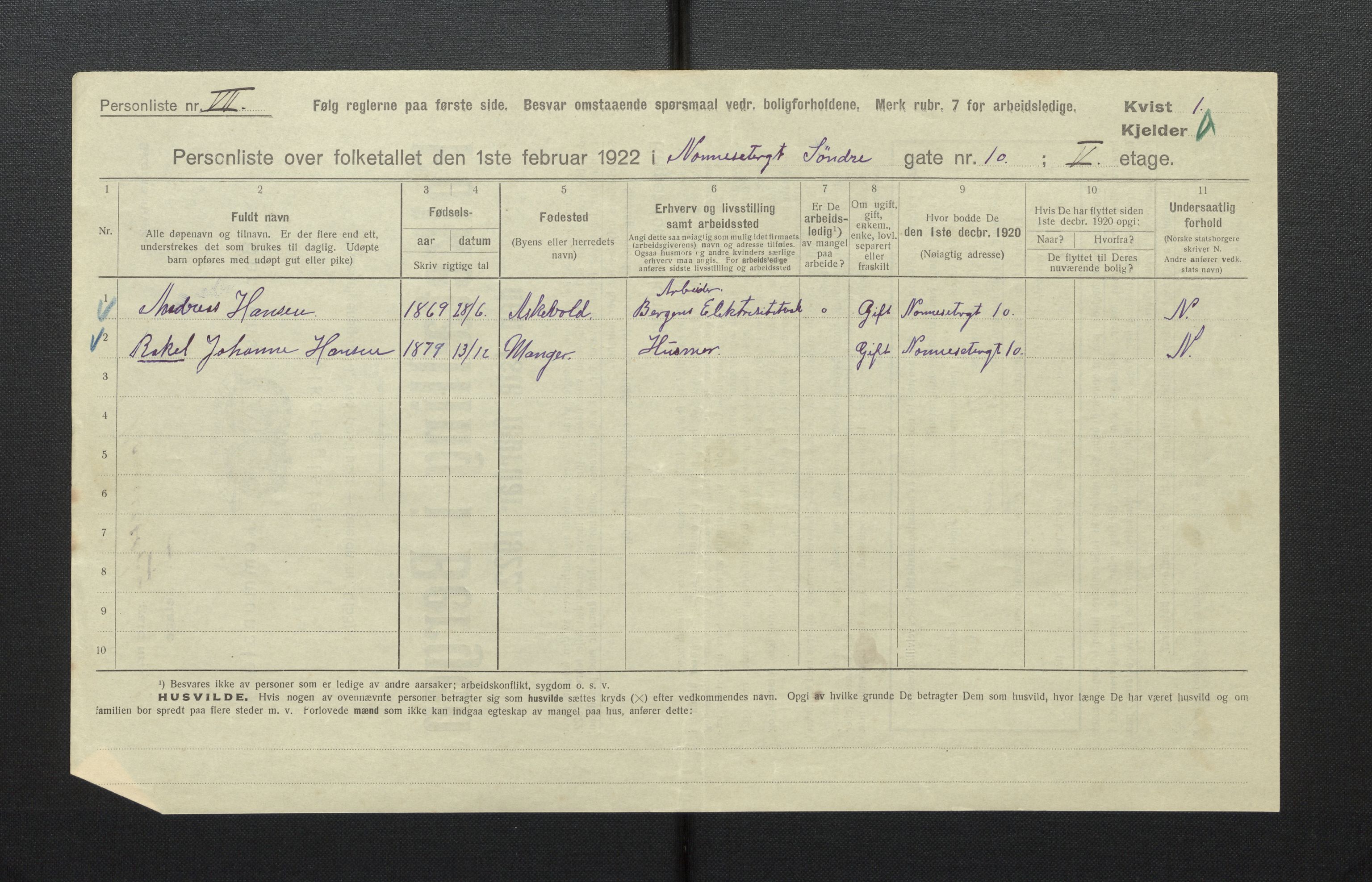 SAB, Municipal Census 1922 for Bergen, 1922, p. 26973