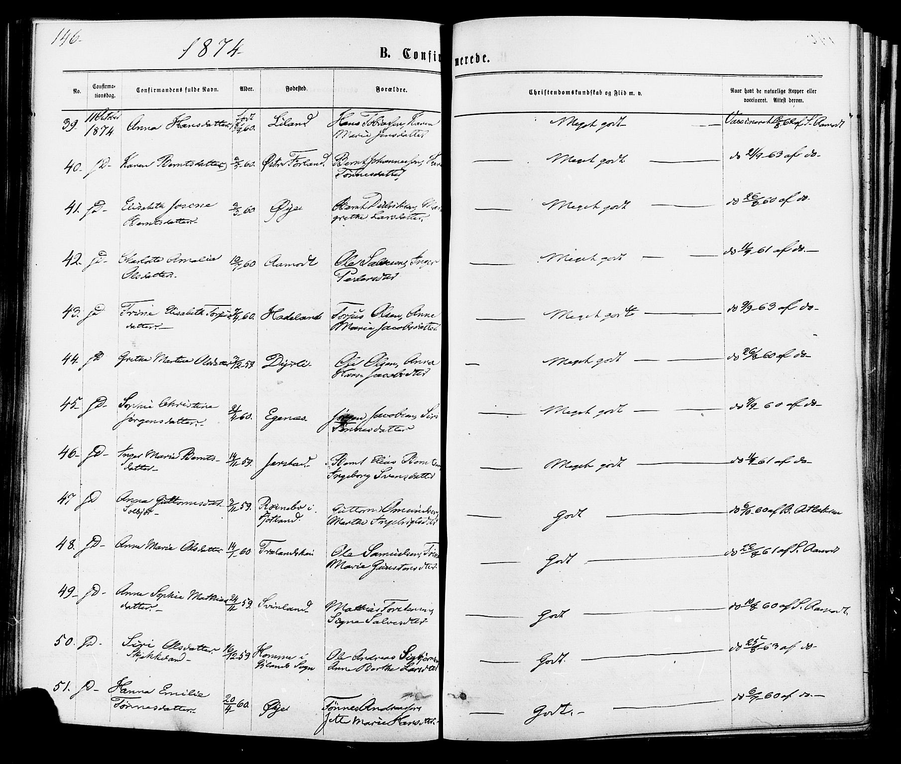 Kvinesdal sokneprestkontor, SAK/1111-0026/F/Fa/Fab/L0007: Parish register (official) no. A 7, 1870-1885, p. 146