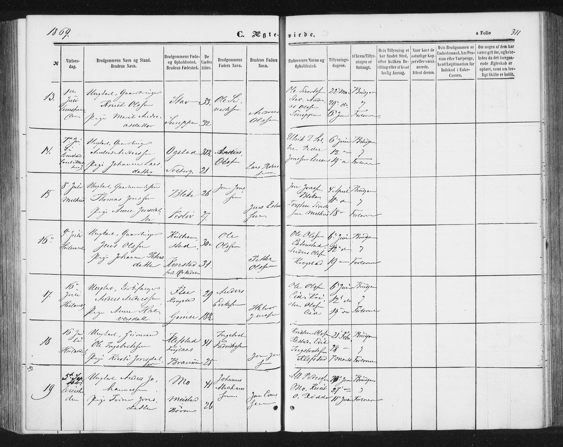 Ministerialprotokoller, klokkerbøker og fødselsregistre - Sør-Trøndelag, AV/SAT-A-1456/691/L1077: Parish register (official) no. 691A09, 1862-1873, p. 311