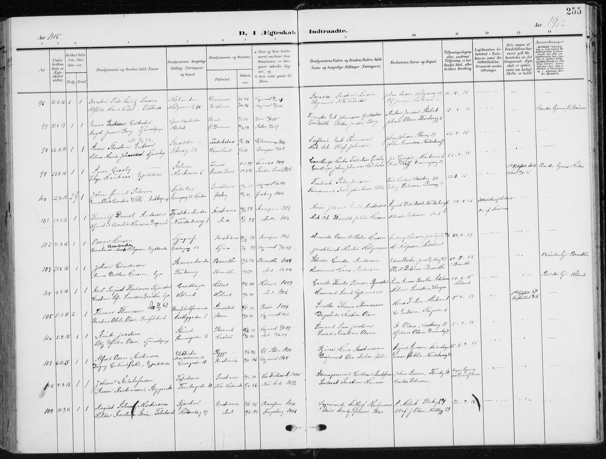Kampen prestekontor Kirkebøker, SAO/A-10853/F/Fa/L0011: Parish register (official) no. I 11, 1907-1917, p. 255