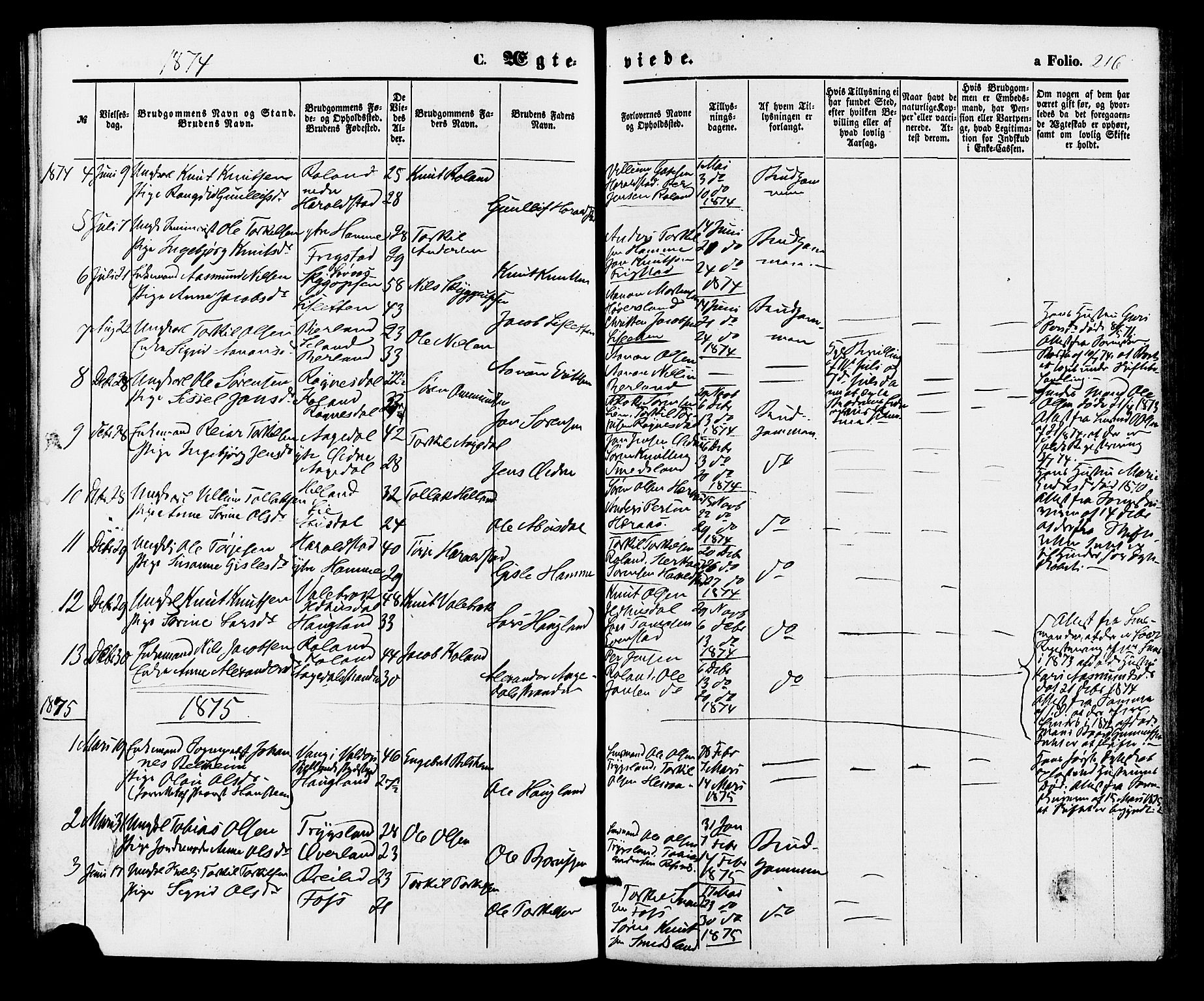 Bjelland sokneprestkontor, SAK/1111-0005/F/Fa/Faa/L0003: Parish register (official) no. A 3, 1867-1887, p. 216