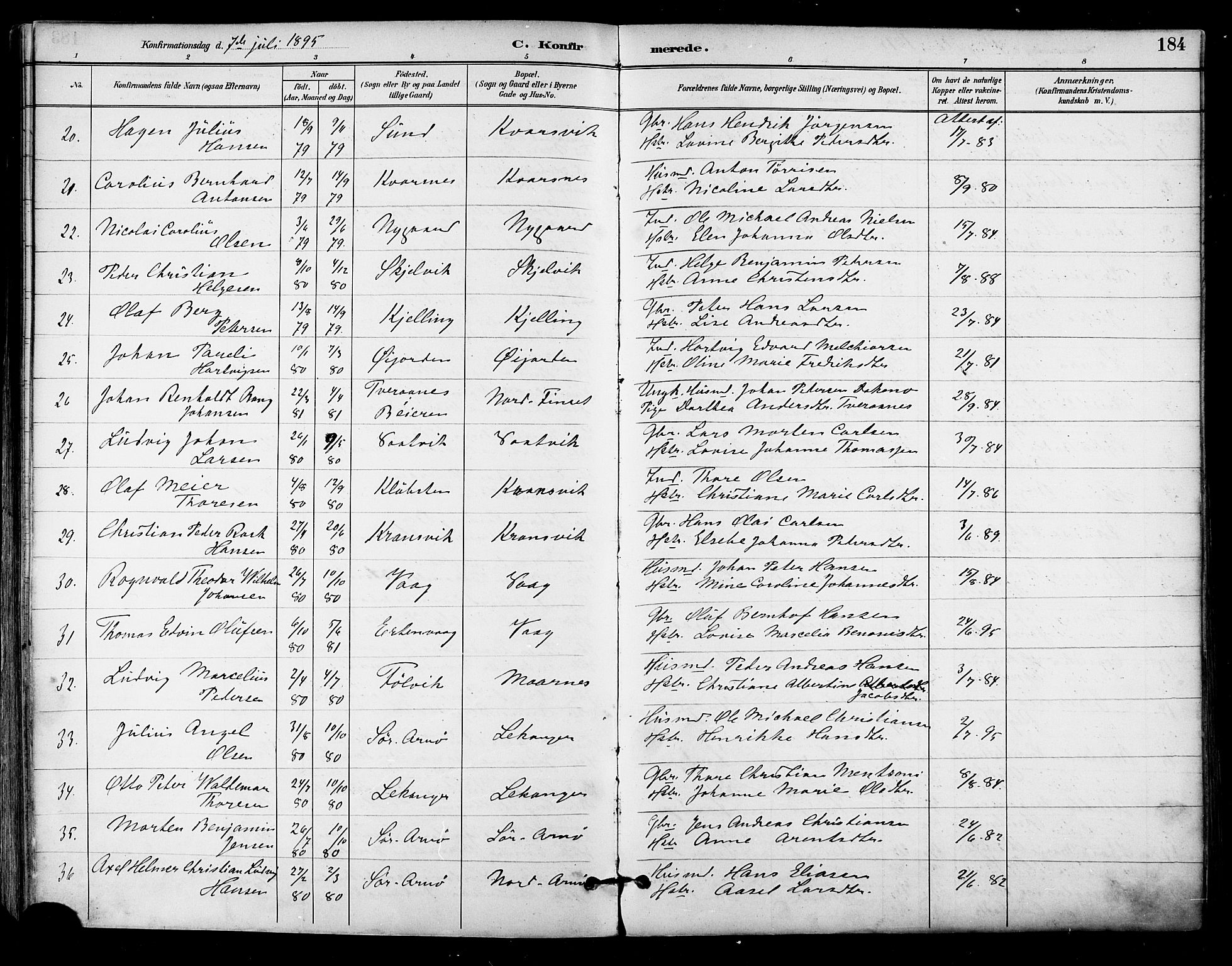 Ministerialprotokoller, klokkerbøker og fødselsregistre - Nordland, AV/SAT-A-1459/805/L0101: Parish register (official) no. 805A07, 1892-1899, p. 184