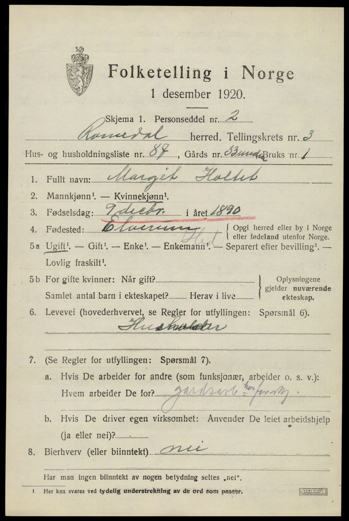 SAH, 1920 census for Romedal, 1920, p. 5629