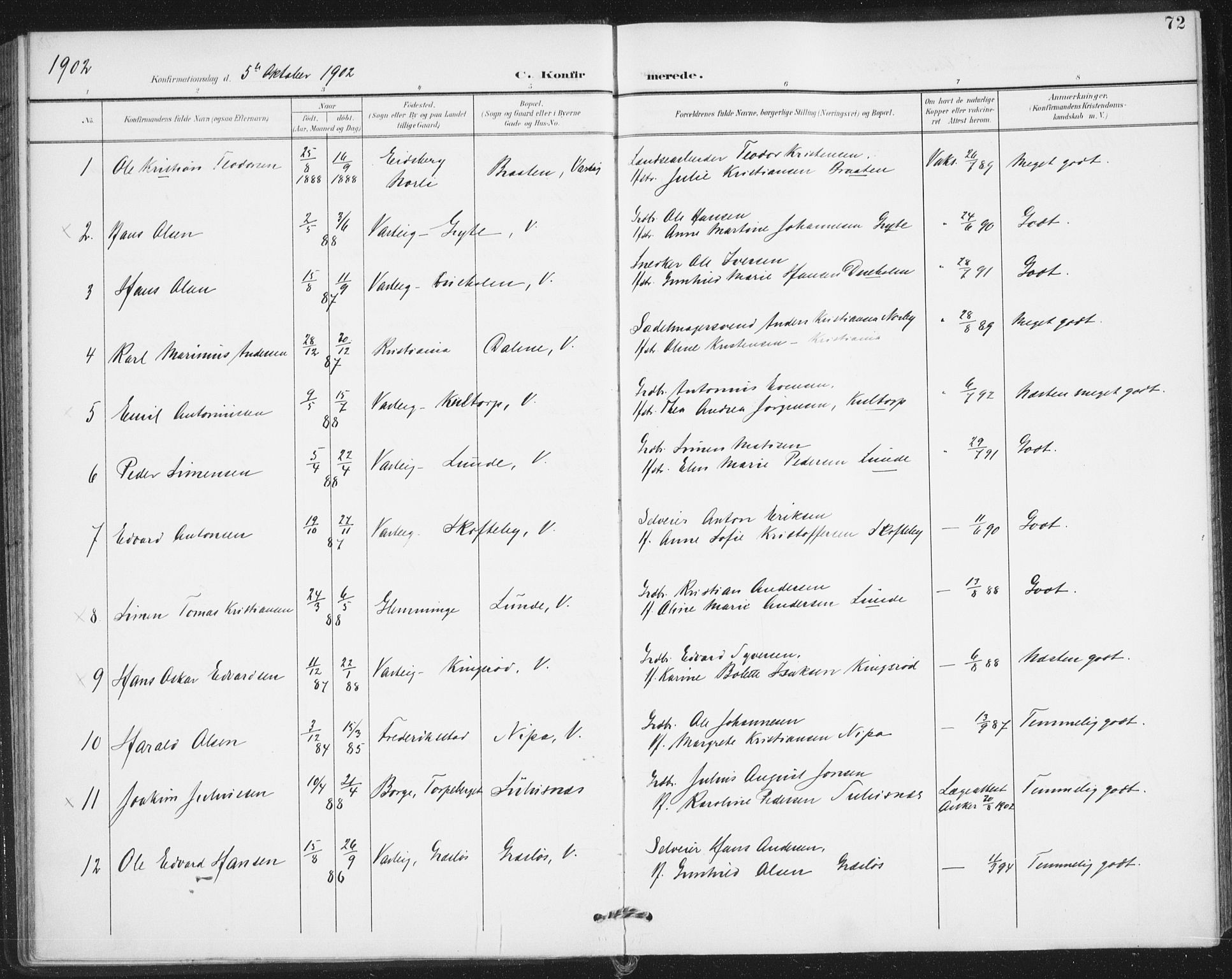 Varteig prestekontor Kirkebøker, SAO/A-10447a/F/Fa/L0003: Parish register (official) no. 3, 1899-1919, p. 72