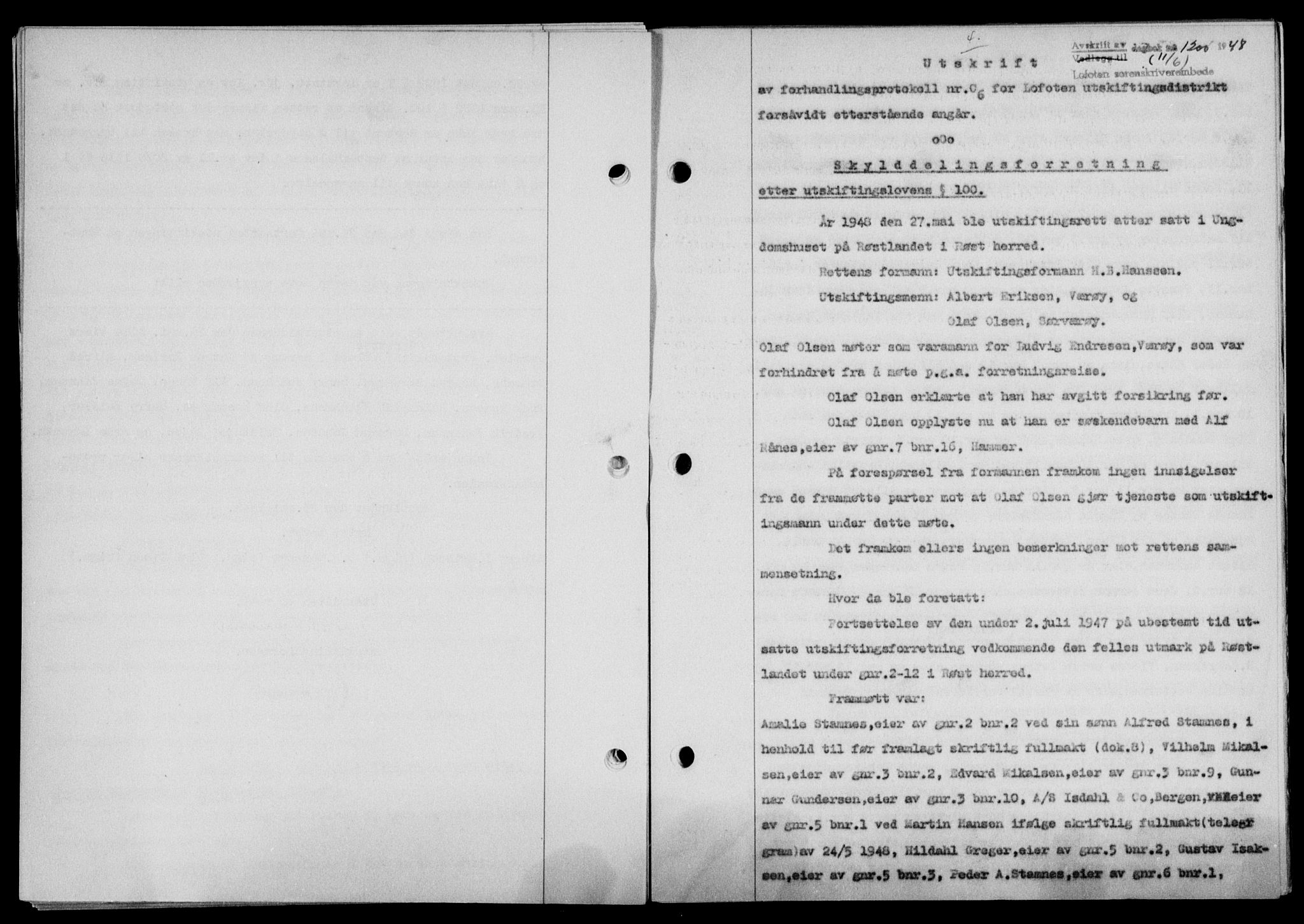 Lofoten sorenskriveri, SAT/A-0017/1/2/2C/L0018a: Mortgage book no. 18a, 1948-1948, Diary no: : 1200/1948