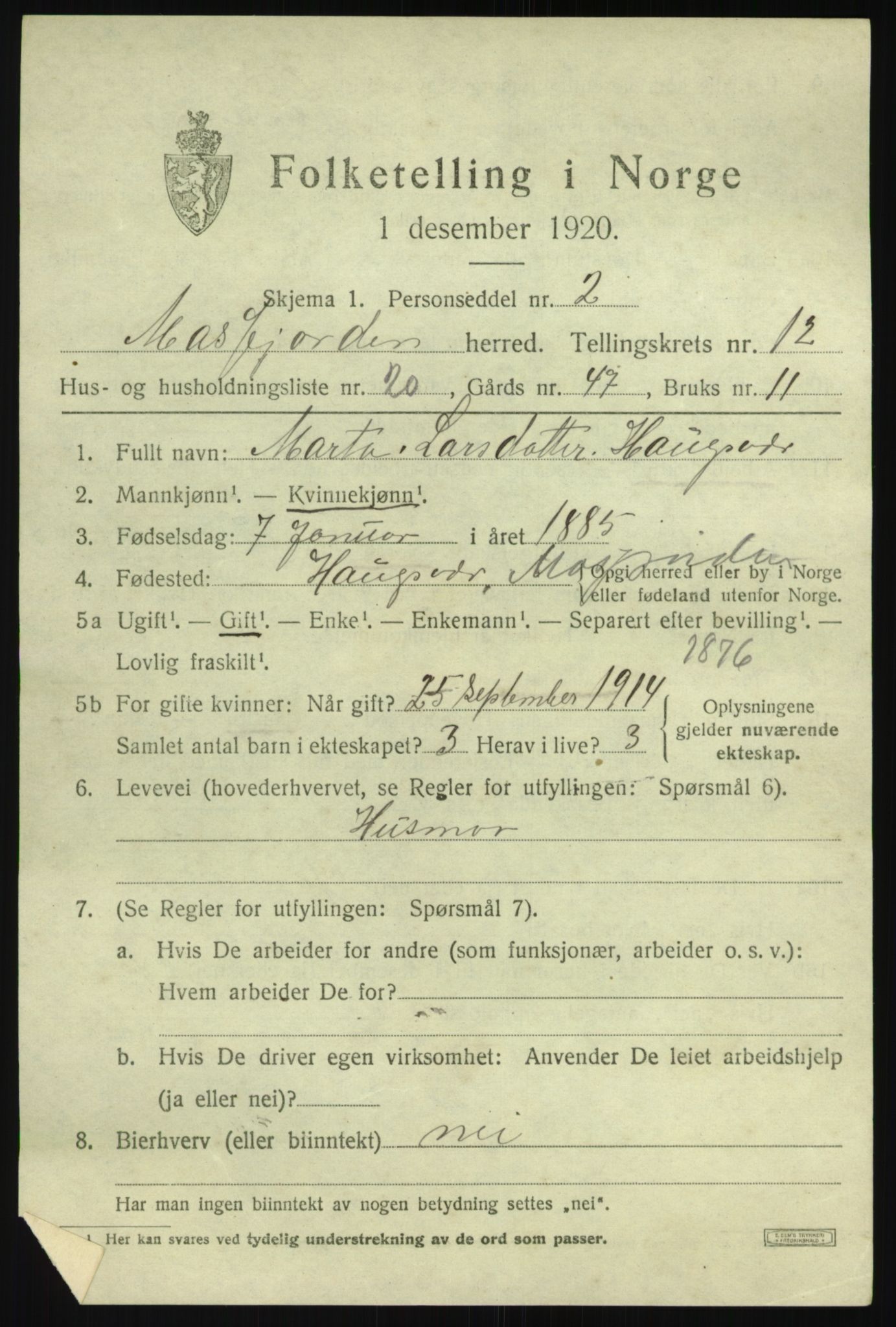 SAB, 1920 census for Masfjorden, 1920, p. 4763