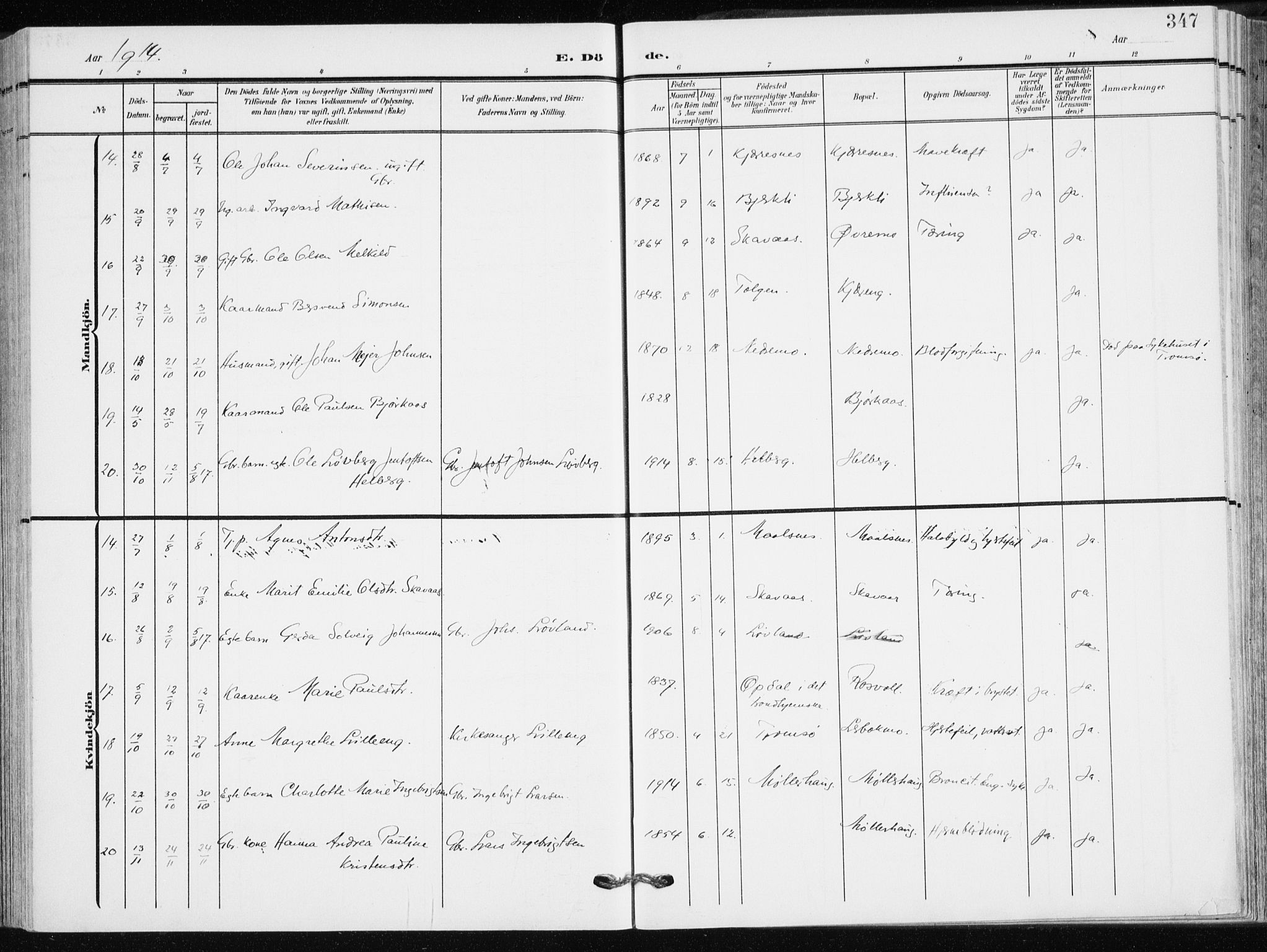 Målselv sokneprestembete, AV/SATØ-S-1311/G/Ga/Gaa/L0011kirke: Parish register (official) no. 11, 1904-1918, p. 347