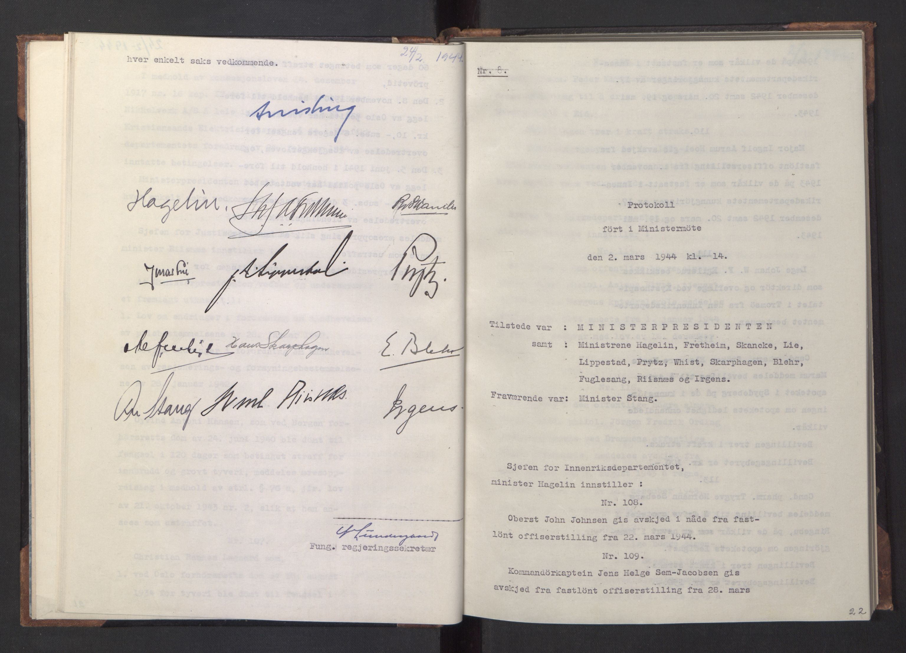 NS-administrasjonen 1940-1945 (Statsrådsekretariatet, de kommisariske statsråder mm), RA/S-4279/D/Da/L0005: Protokoll fra ministermøter, 1944, p. 24