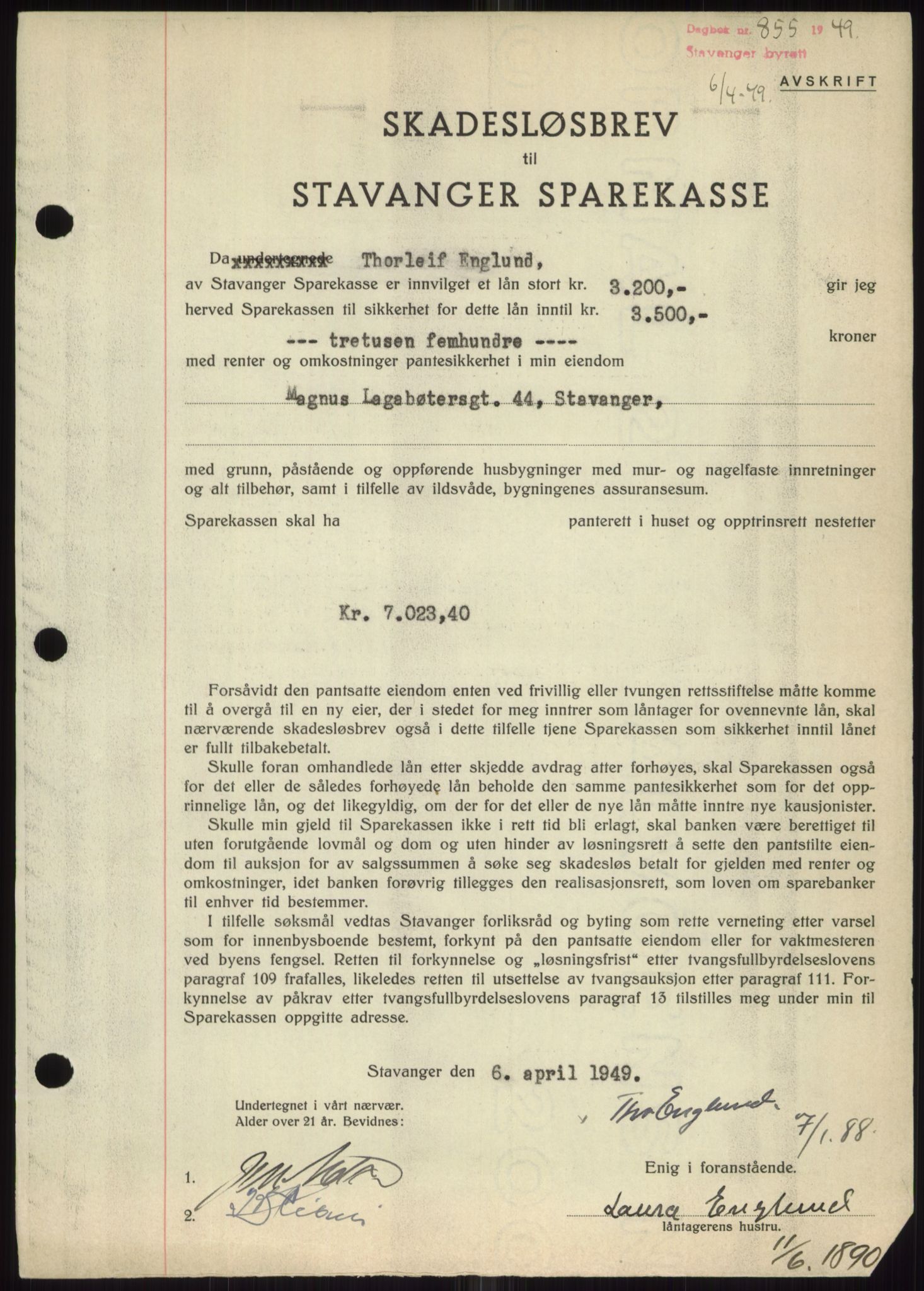 Stavanger byrett, SAST/A-100455/002/G/Gb/L0032: Mortgage book, 1947-1950, Diary no: : 855/1949