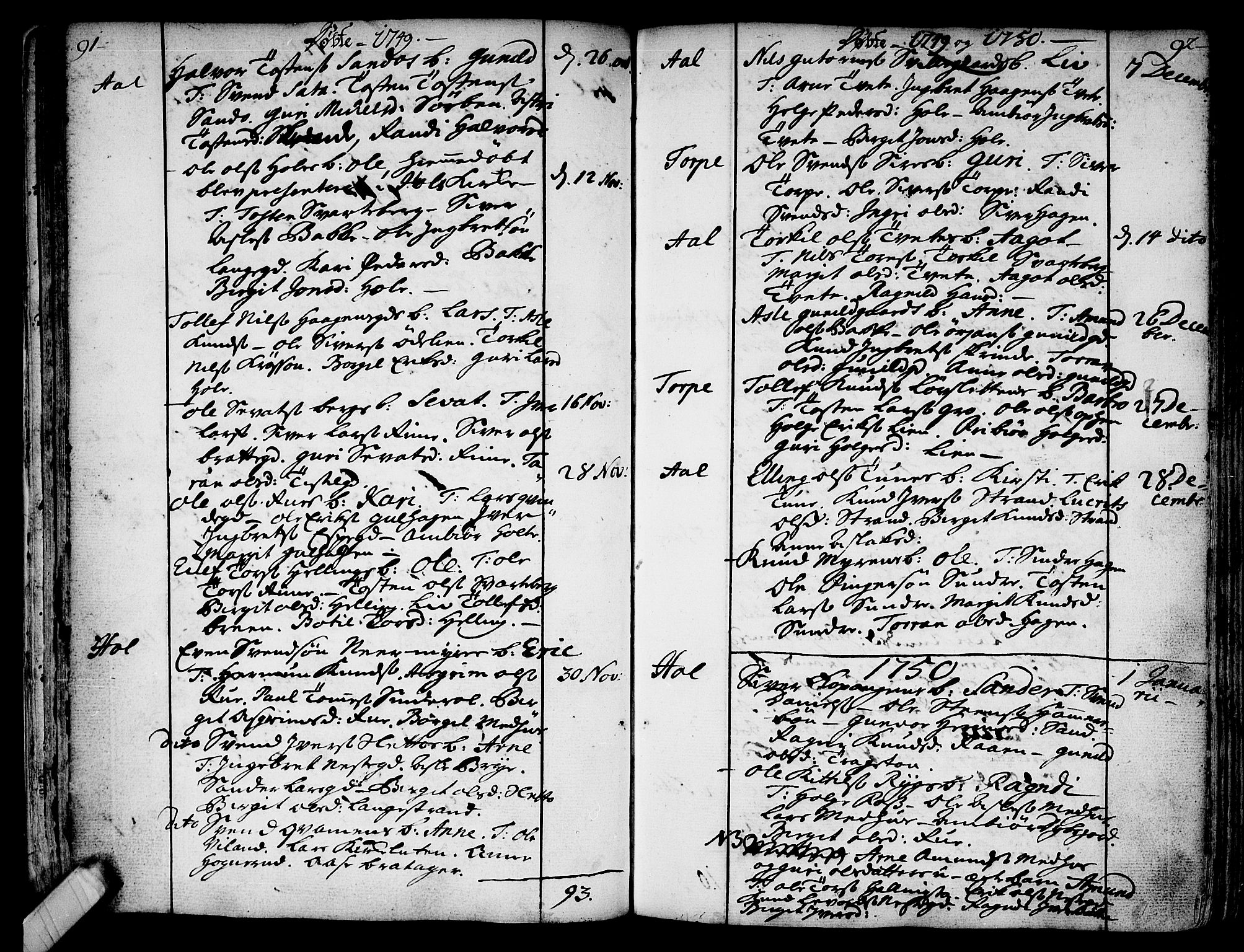 Ål kirkebøker, AV/SAKO-A-249/F/Fa/L0001: Parish register (official) no. I 1, 1744-1769, p. 91-92