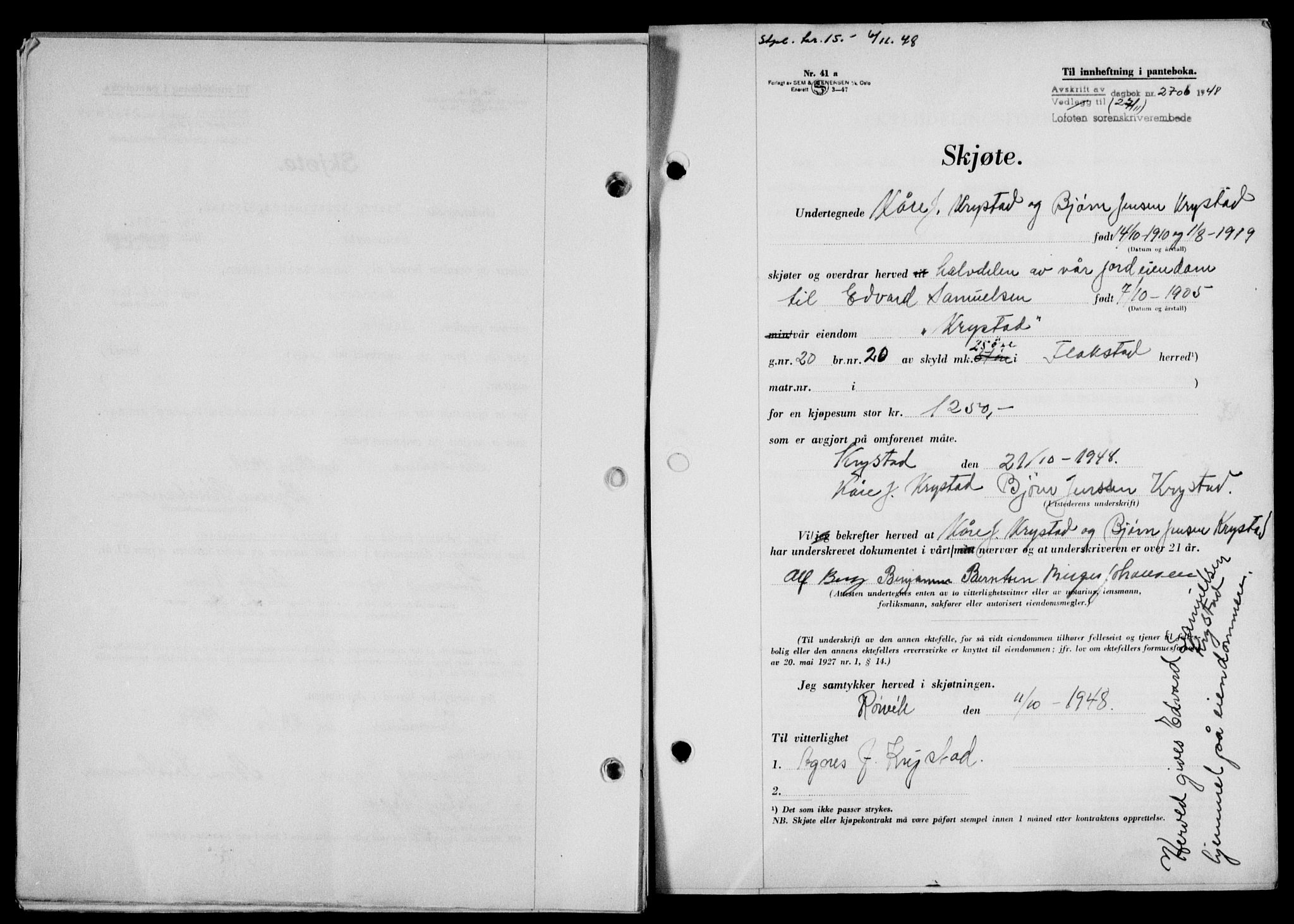 Lofoten sorenskriveri, SAT/A-0017/1/2/2C/L0019a: Mortgage book no. 19a, 1948-1948, Diary no: : 2706/1948