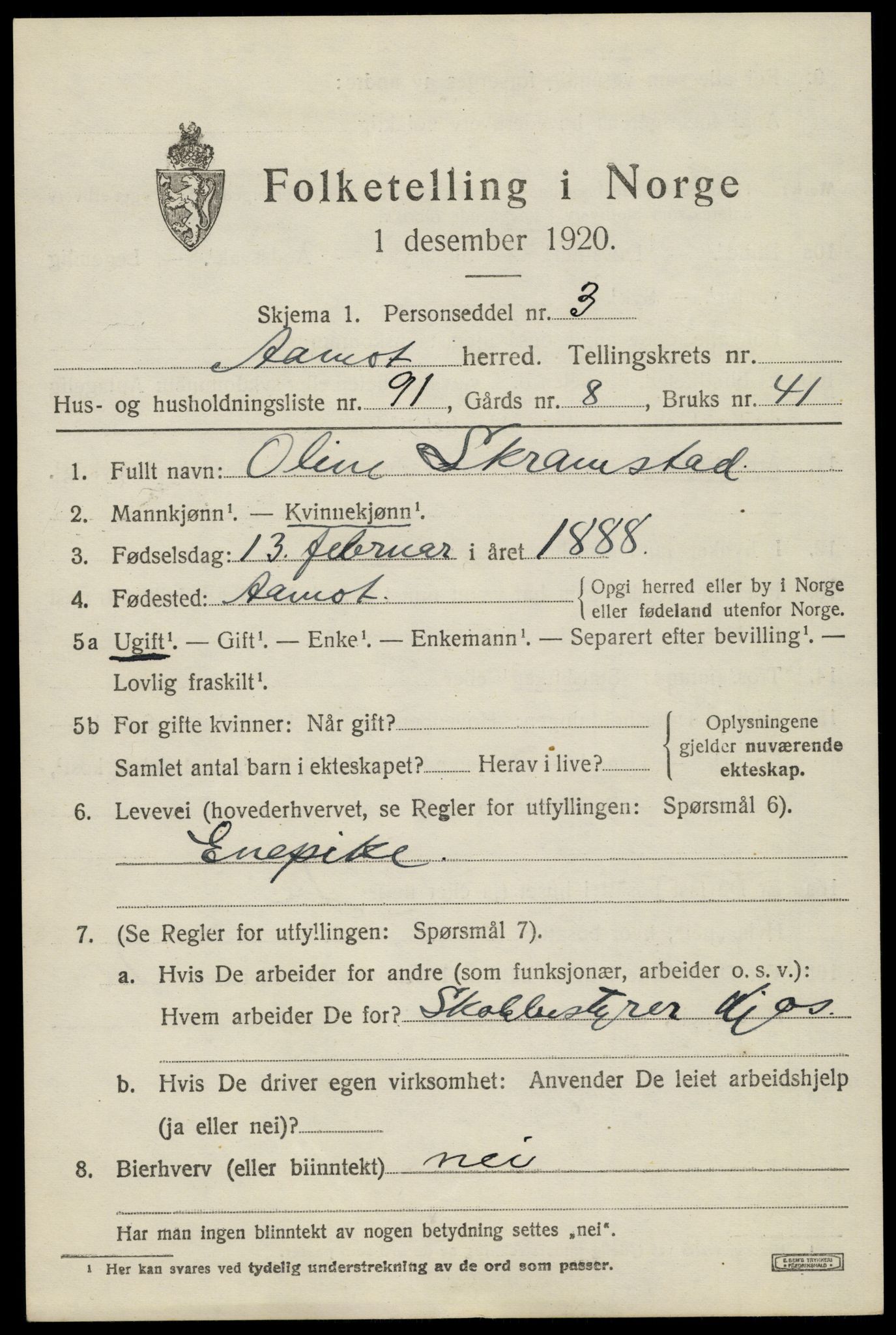 SAH, 1920 census for Åmot, 1920, p. 3827