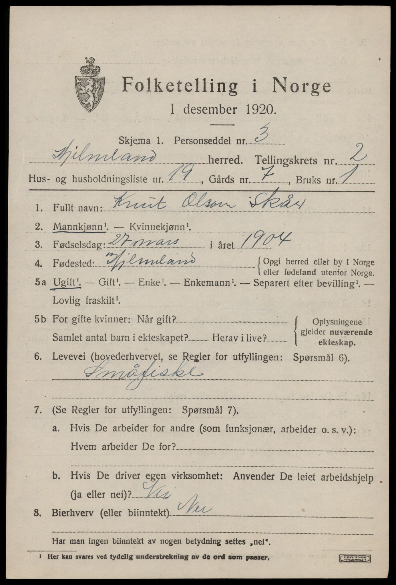 SAST, 1920 census for Hjelmeland, 1920, p. 1255